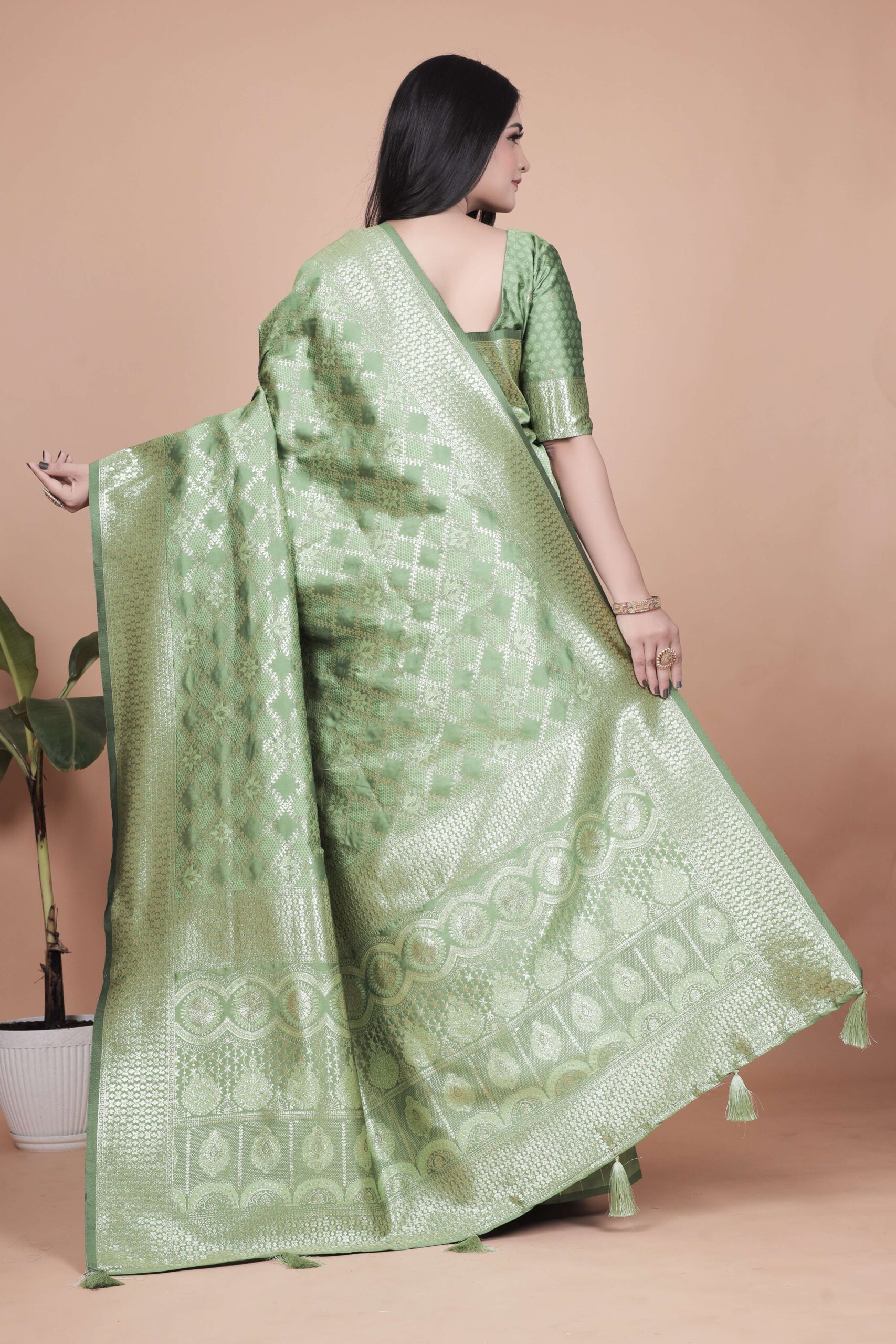 Light Green Banarasi Silk Saree with Golden Zari | Wedding, Festive & Traditional Wear | Elegant Designer Saree - Image 4