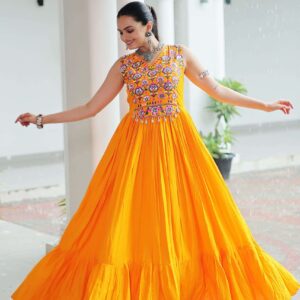 Yellow Elegant Kutchi Embroidered Frill Gown ? Perfect for Navratri Celebrations