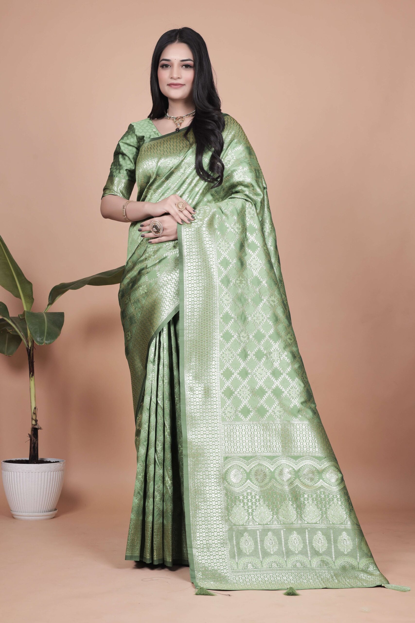Light Green Banarasi Silk Saree with Golden Zari | Wedding, Festive & Traditional Wear | Elegant Designer Saree - Image 6