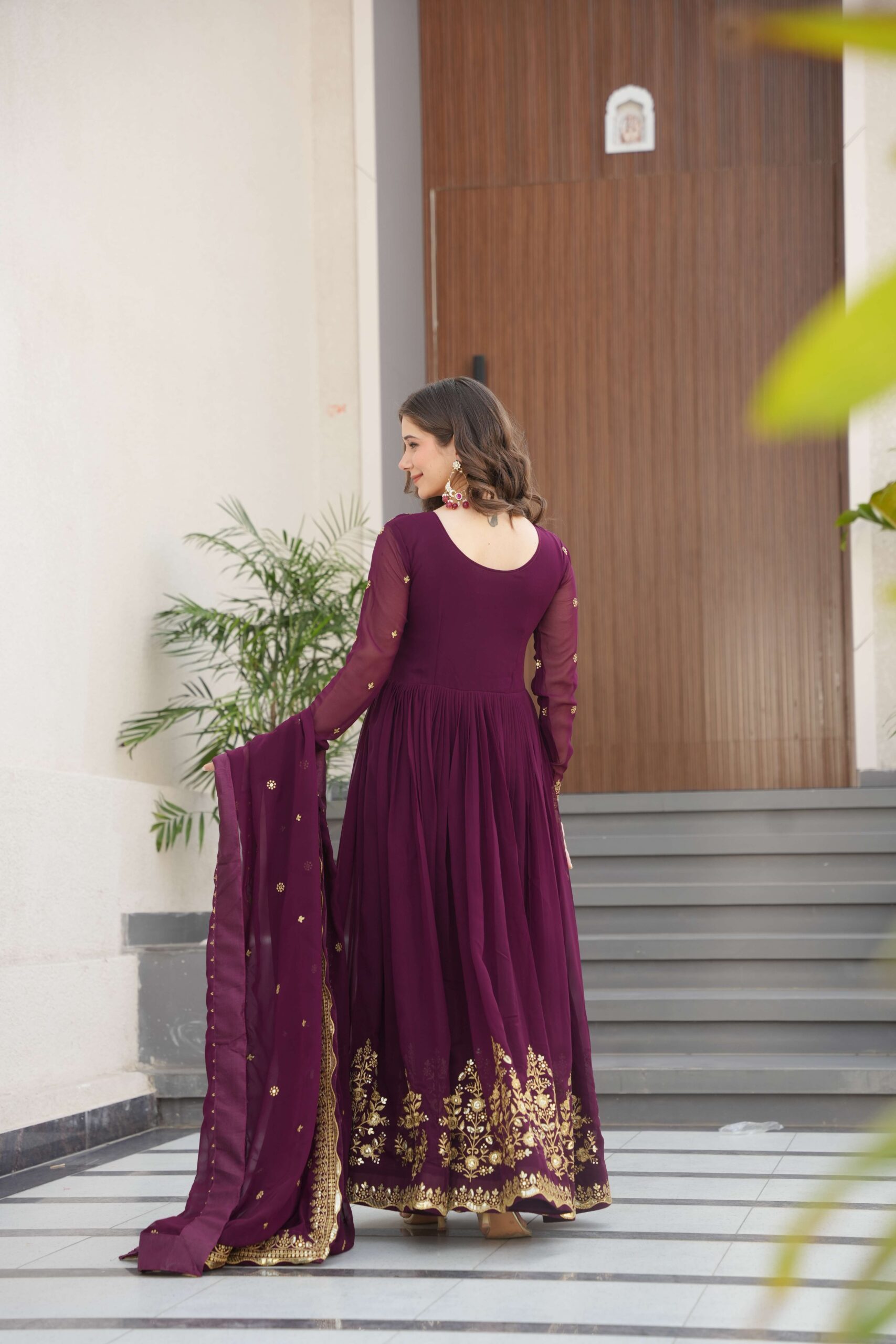 Wine Premium Designer Gown with Dupatta ? Zari & Sequins Embroidery - Image 8
