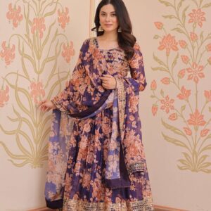 Purple Premium Russian Silk Designer Gown with Sequins Embroidered Dupatta ? Partywear