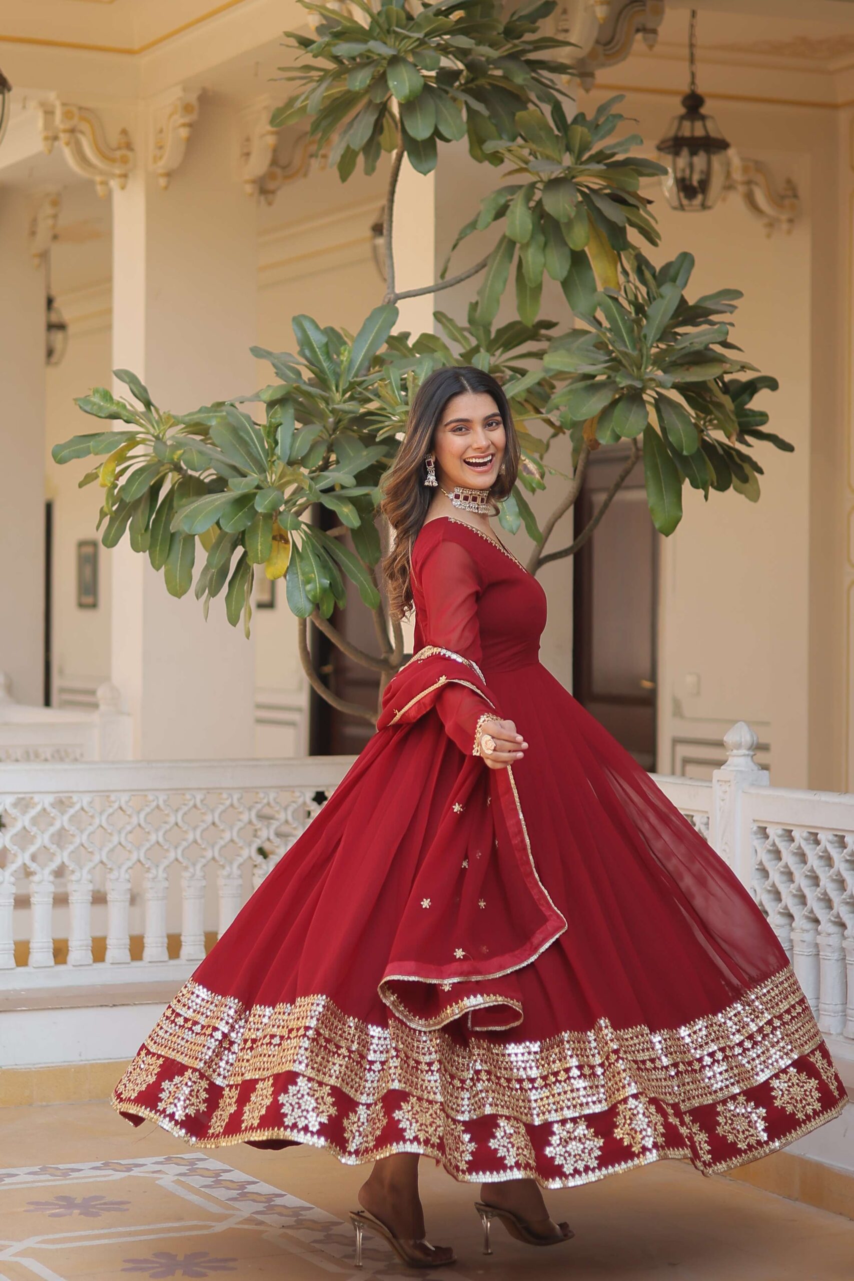 Maroon Faux Blooming Gown with Sequined Dupatta ? Elegant Fully Flared Party & Wedding Set - Image 3