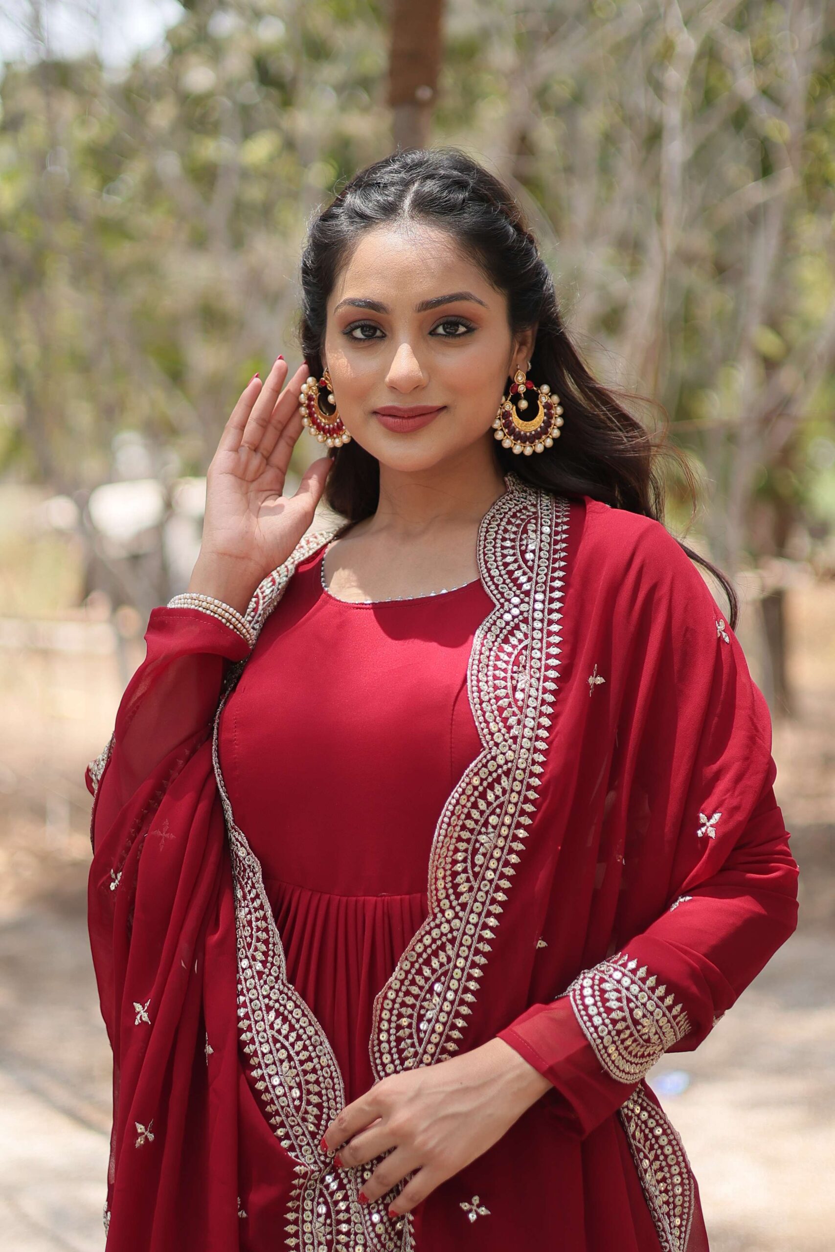 Maroon Premium Faux Georgette Designer Gown with Sequined Dupatta ? Fully Flaired Ready-to-Wear Set - Image 5