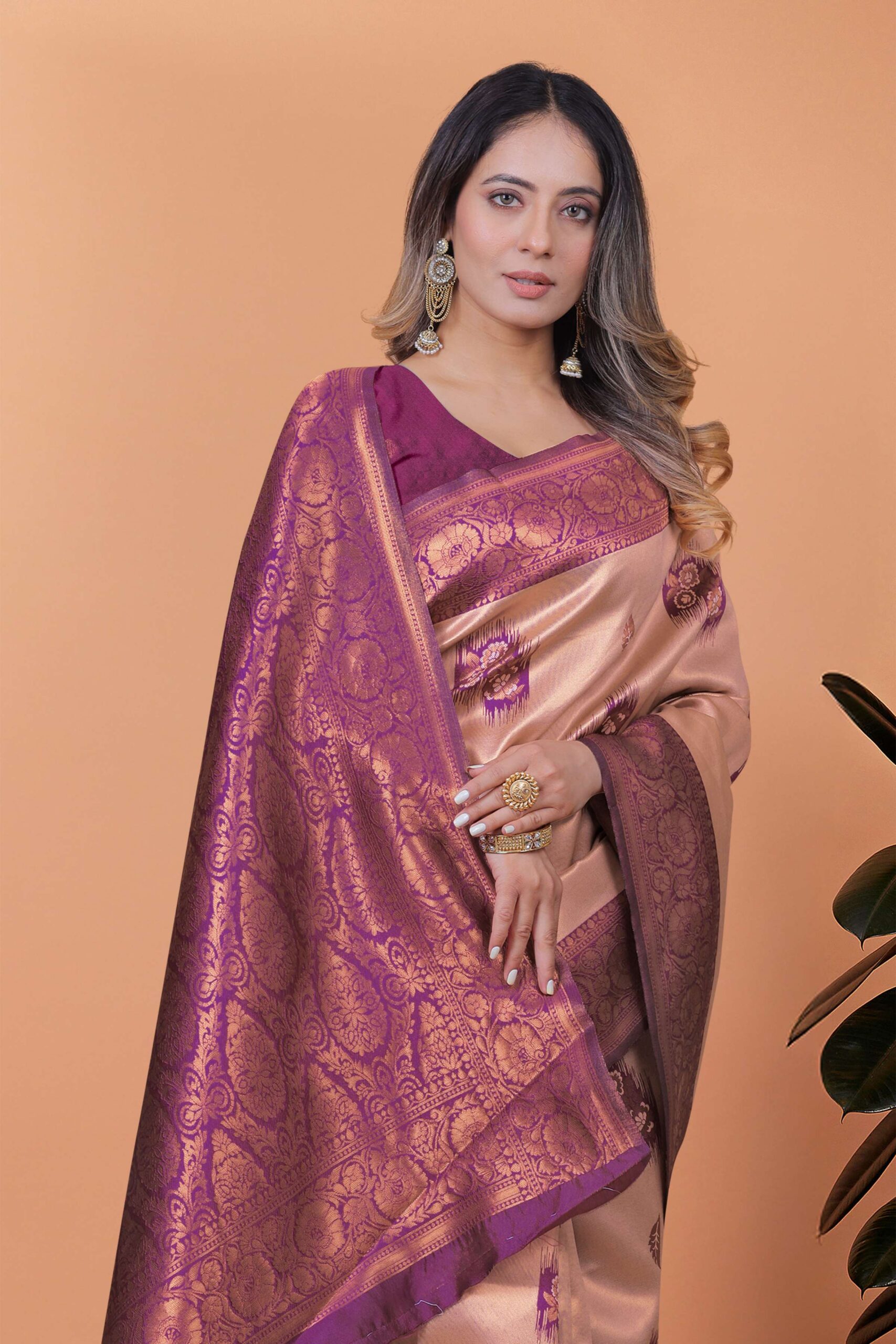 Beige & Plum Banarasi Silk Saree with Zari Weaving | Elegant Traditional Saree for Weddings, Festivals & Ethnic Occasions - Image 3
