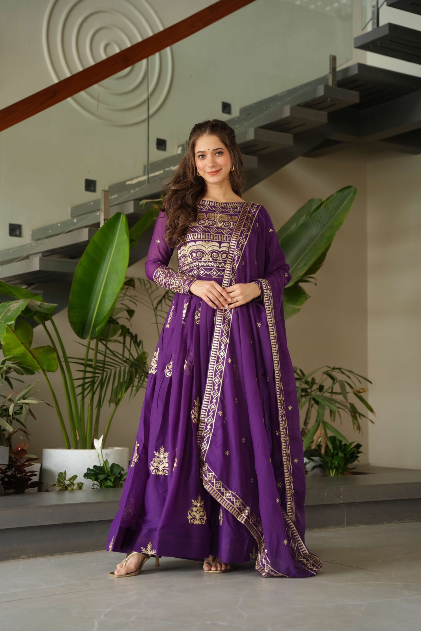 Purple Premium Chinnon Gown with Dupatta ? Sequins & Embroidery Work - Image 6
