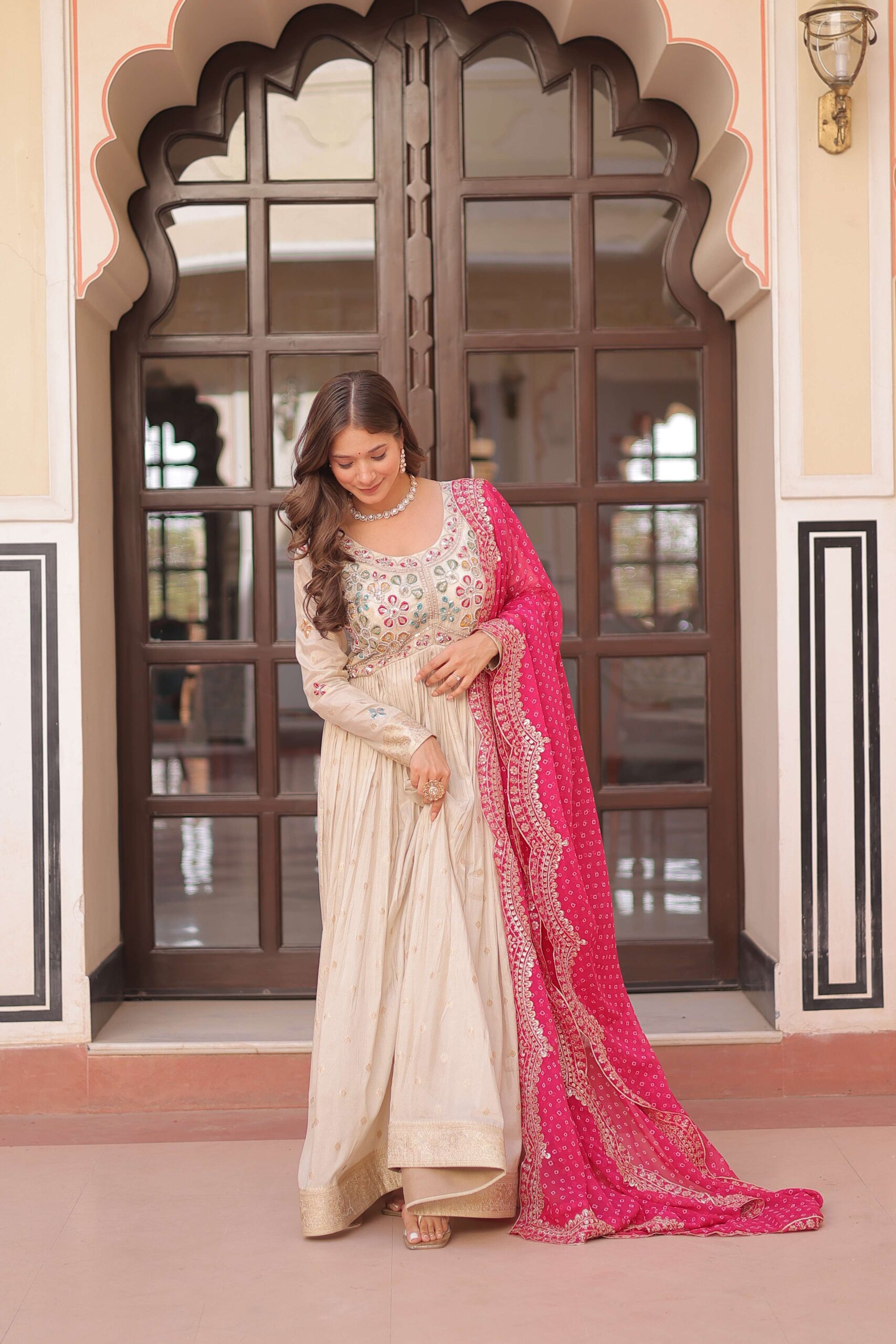 Pink Premium Cosmos Jequard Gown with Bandhani Printed Embroidered Dupatta ? Collection - Image 5