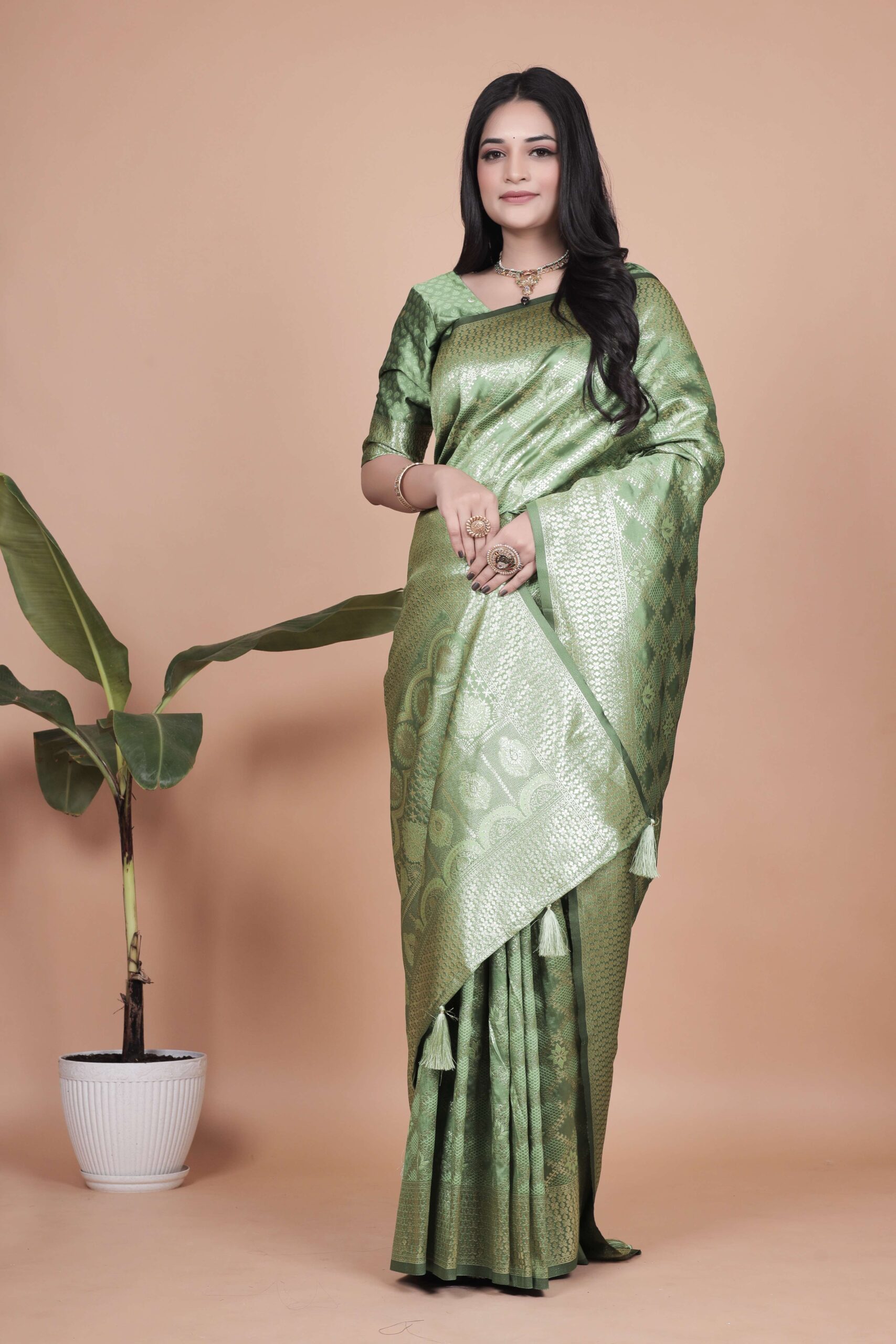 Light Green Banarasi Silk Saree with Golden Zari | Wedding, Festive & Traditional Wear | Elegant Designer Saree - Image 2