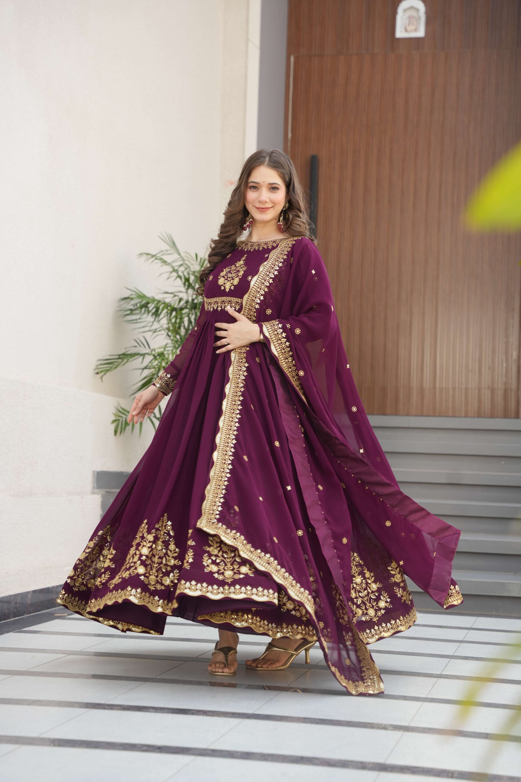 Wine Premium Designer Gown with Dupatta ? Zari & Sequins Embroidery - Image 5