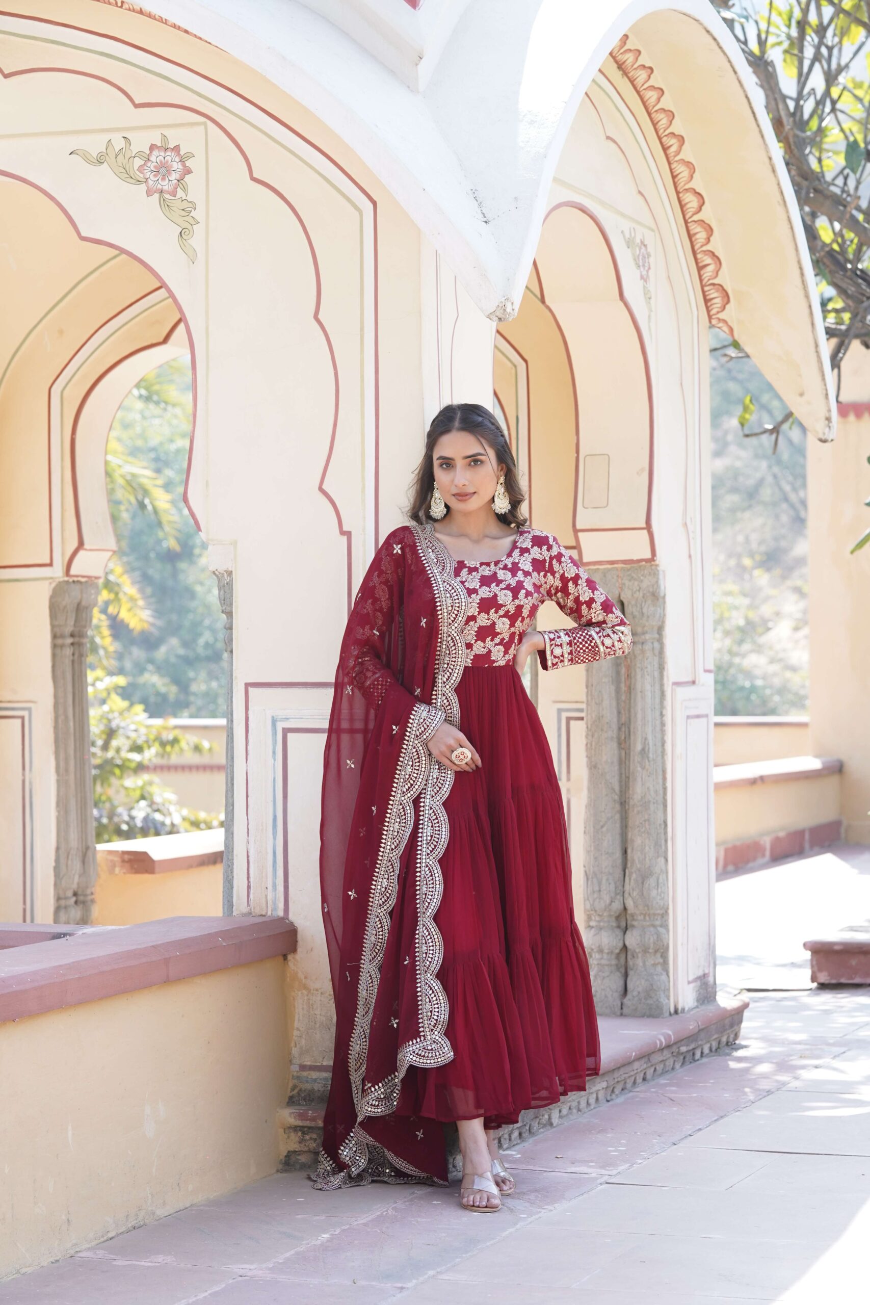 Maroon Faux Blooming Designer Gown with Sequined Dupatta ? Fully Flared Elegant Ready-to-Wear Set - Image 7
