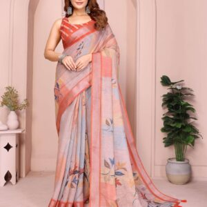 Elegant Linen Cotton Saree ? Pastel Grey with Coral Leaf Motifs & Tassel Border
