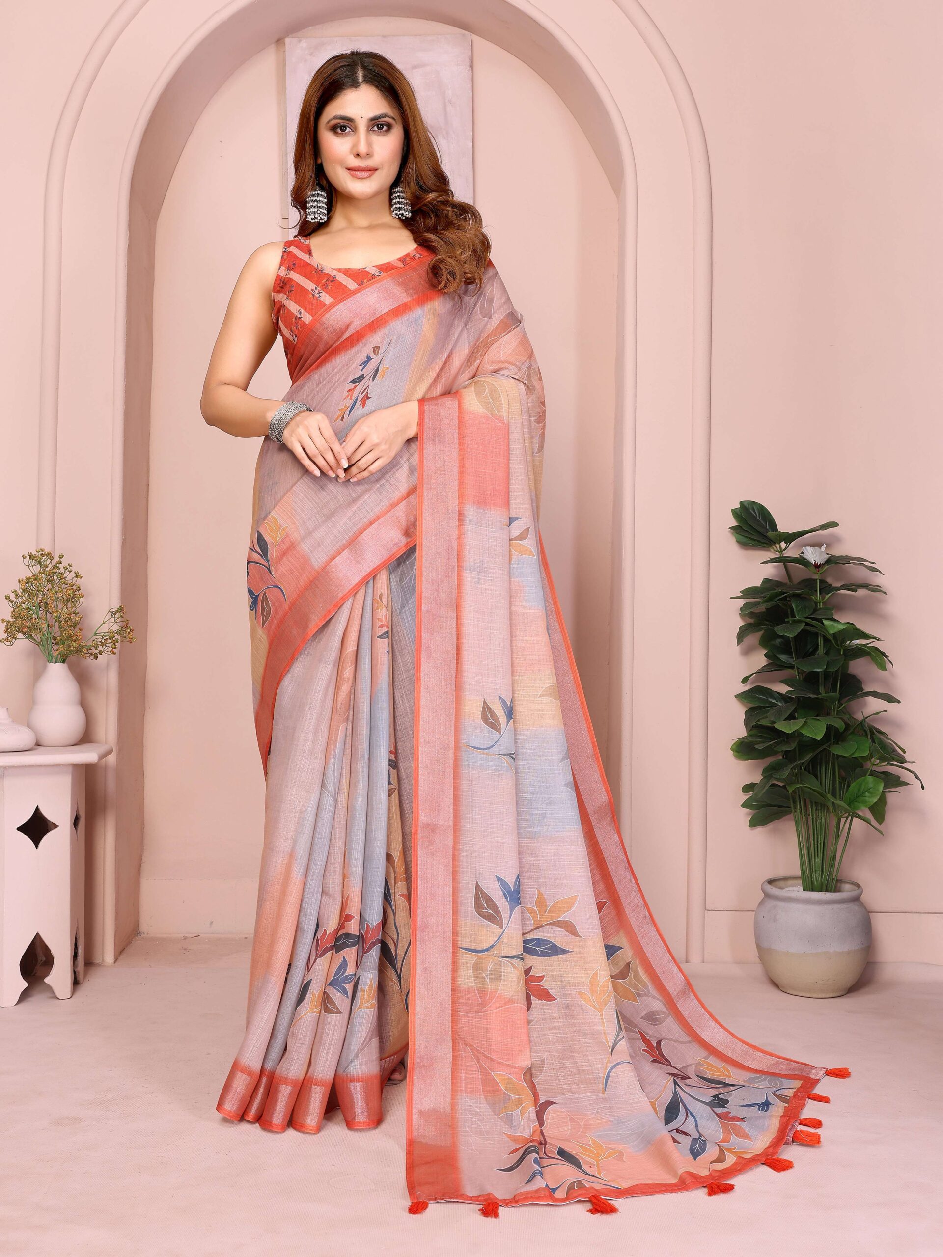 Elegant Linen Cotton Saree ? Pastel Grey with Coral Leaf Motifs & Tassel Border