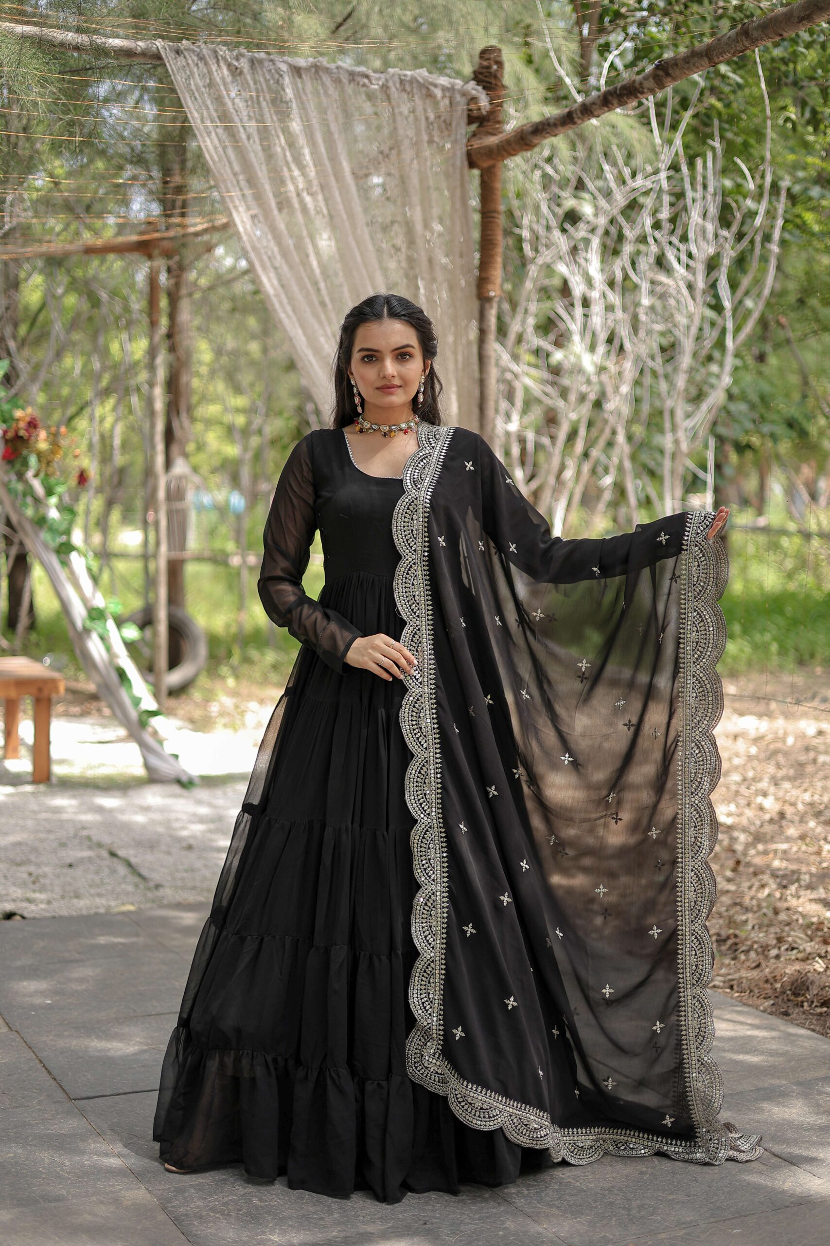 Black Premium Faux Georgette Designer Gown with Sequined Dupatta ? Fully Flaired Ready-to-Wear Set - Image 7