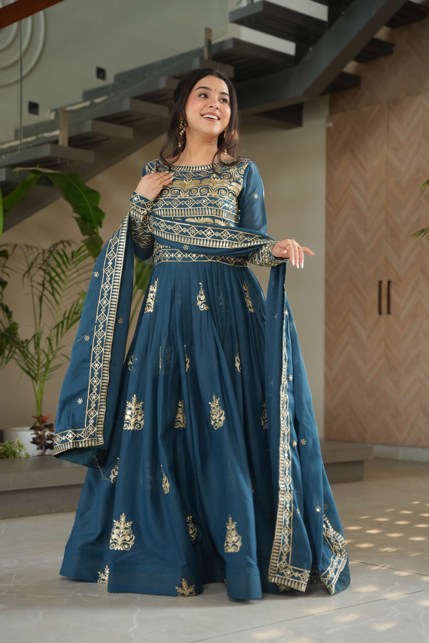 Rama Premium Chinnon Gown with Dupatta ? Sequins & Embroidery Work - Image 4