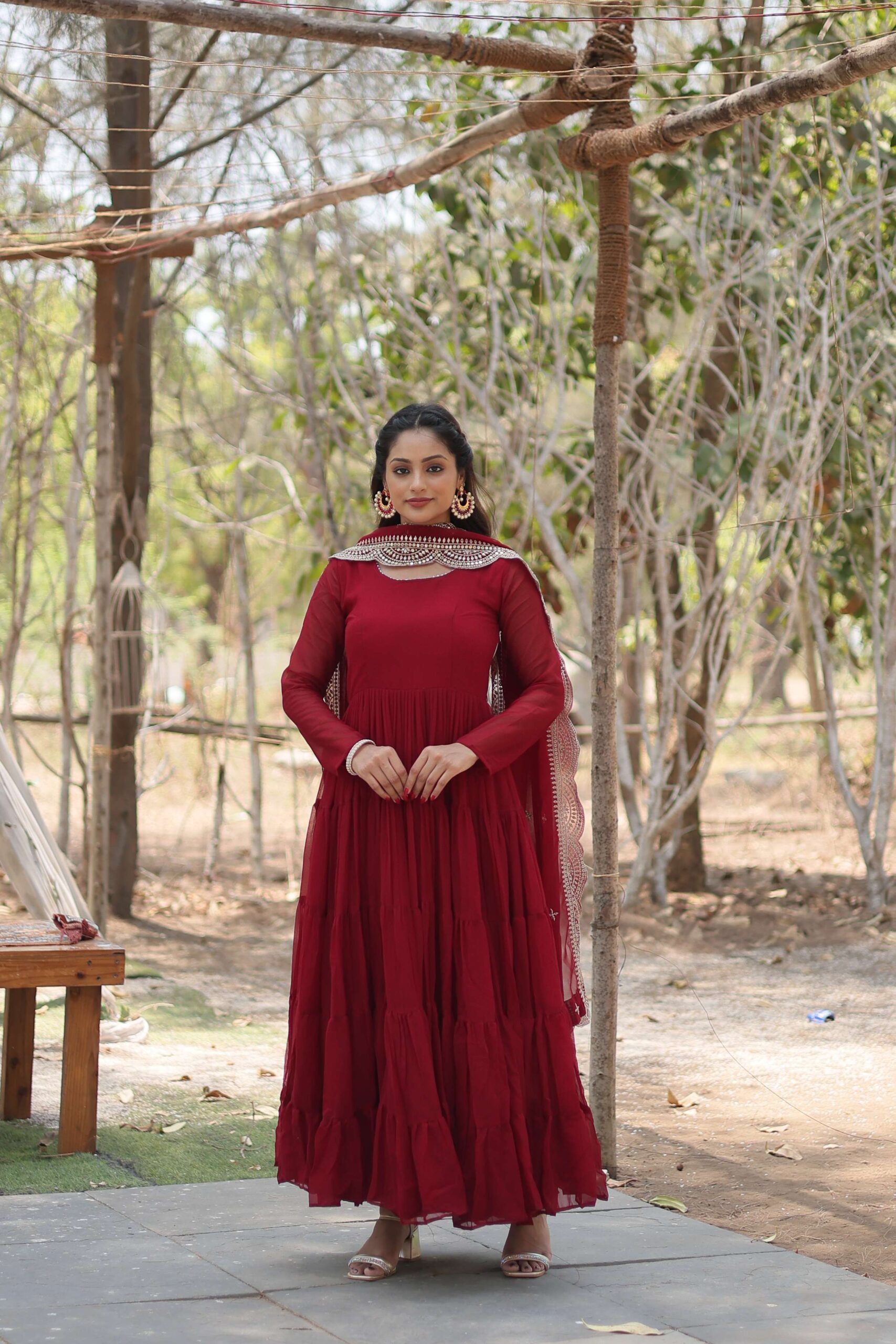 Maroon Premium Faux Georgette Designer Gown with Sequined Dupatta ? Fully Flaired Ready-to-Wear Set - Image 8