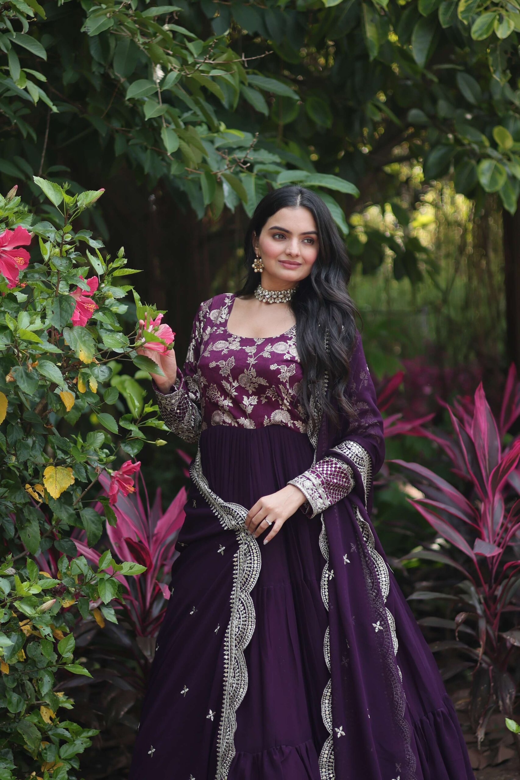 Wine Faux Blooming Designer Gown with Sequined Dupatta ? Elegant Fully Flared Ready-to-Wear Set