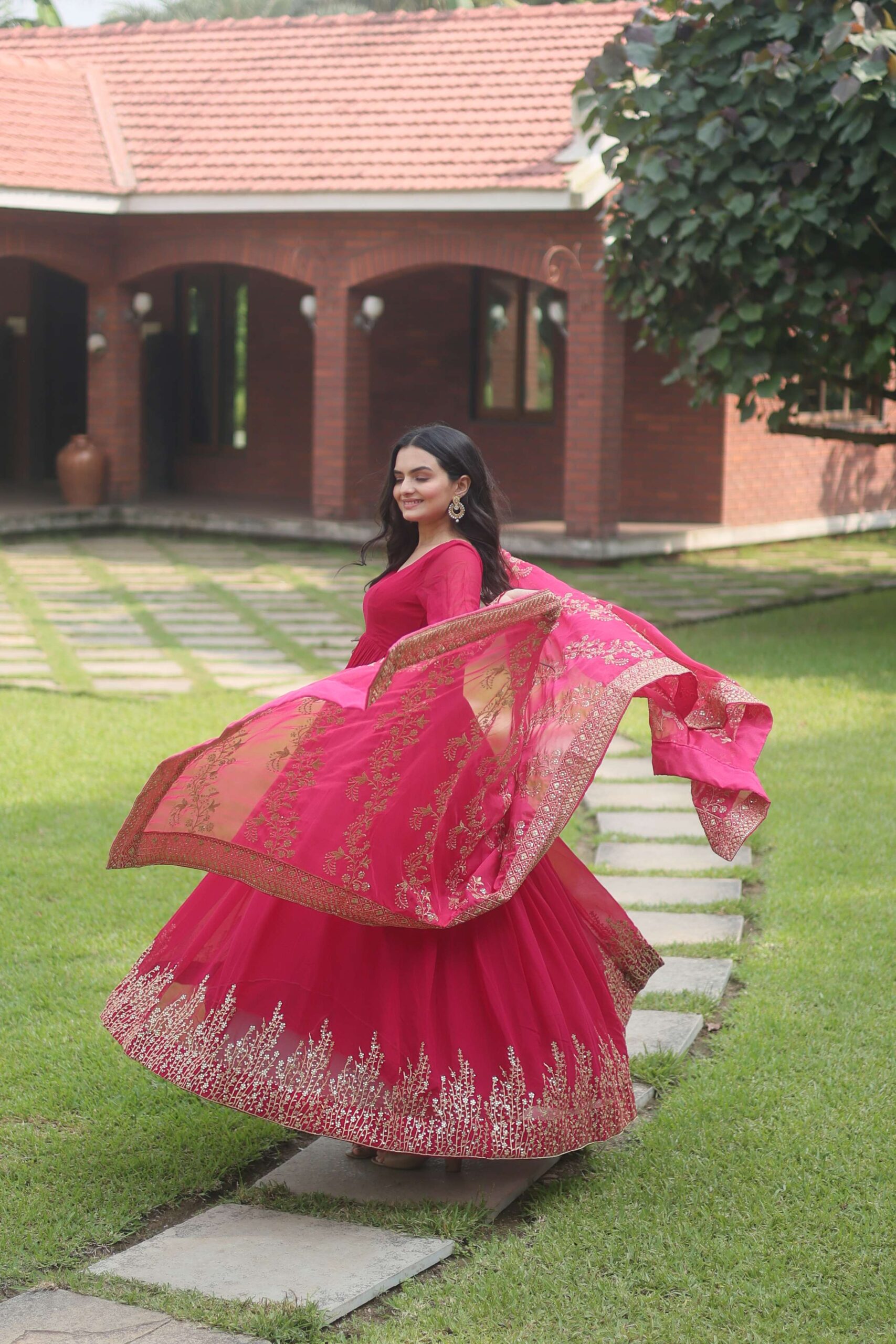 Pink Faux Blooming Designer Gown with Sequined Dupatta ? Elegant Fully Flared Party & Wedding Set - Image 7