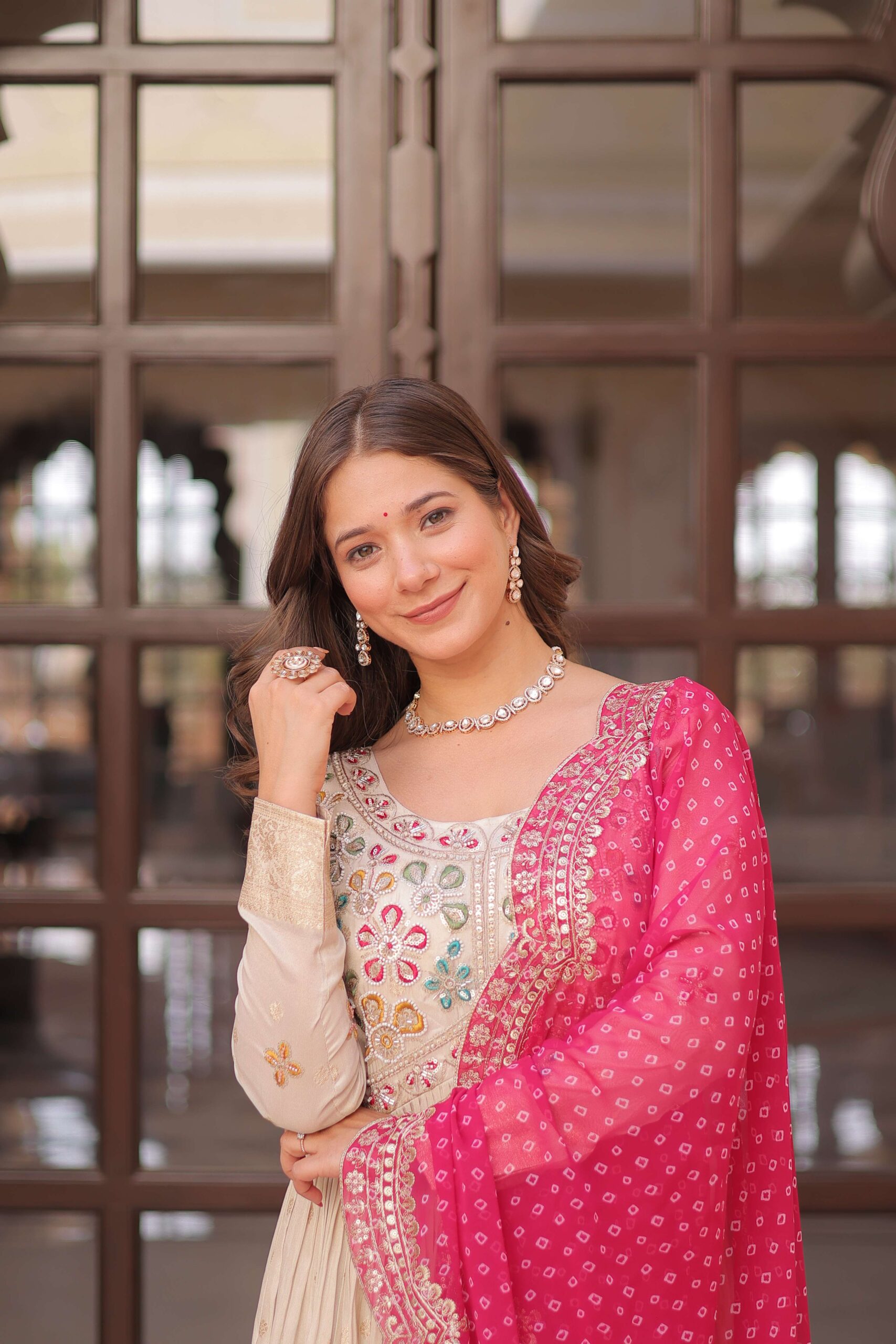 Pink Premium Cosmos Jequard Gown with Bandhani Printed Embroidered Dupatta ? Collection - Image 7