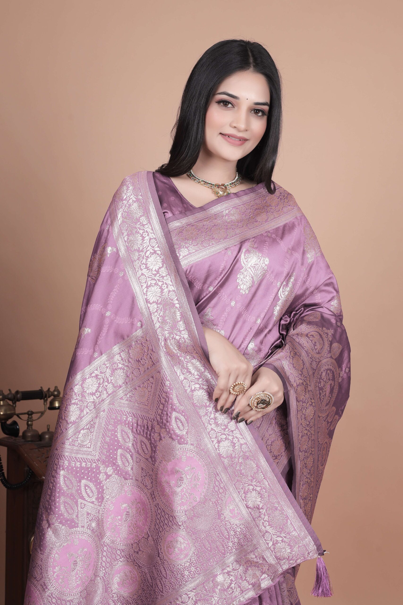 Lavender Banarasi Silk Saree with Silver Zari | Floral & Paisley Motifs | Wedding, Festive & Traditional Wear - Image 4