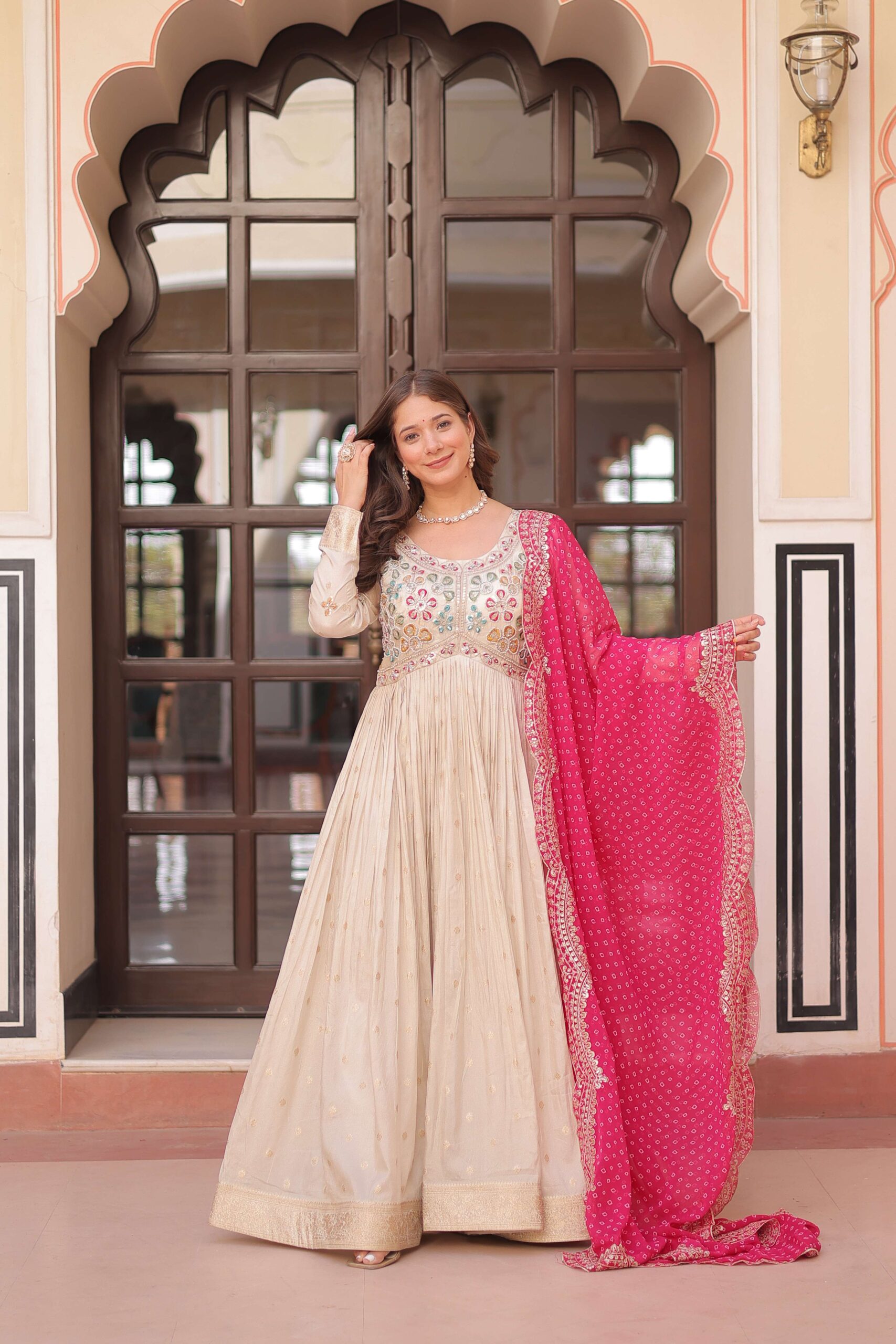Pink Premium Cosmos Jequard Gown with Bandhani Printed Embroidered Dupatta ? Collection - Image 4