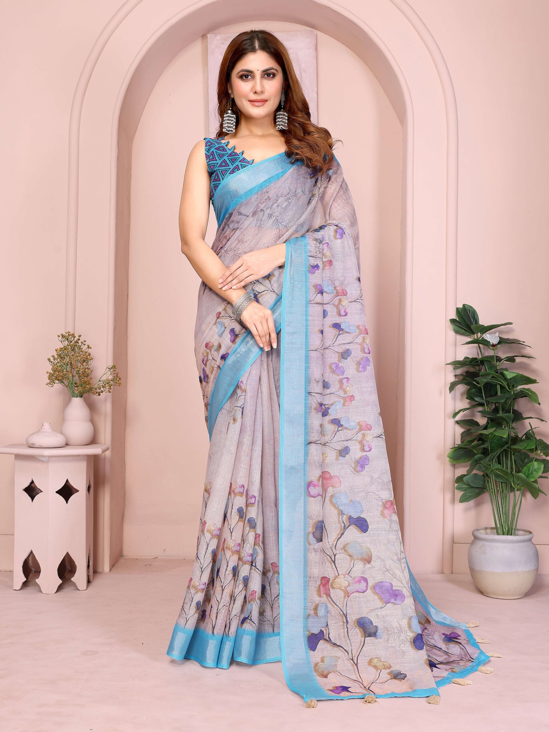 Elegant Linen Cotton Saree ? Light Grey Floral Print with Sky Blue Border