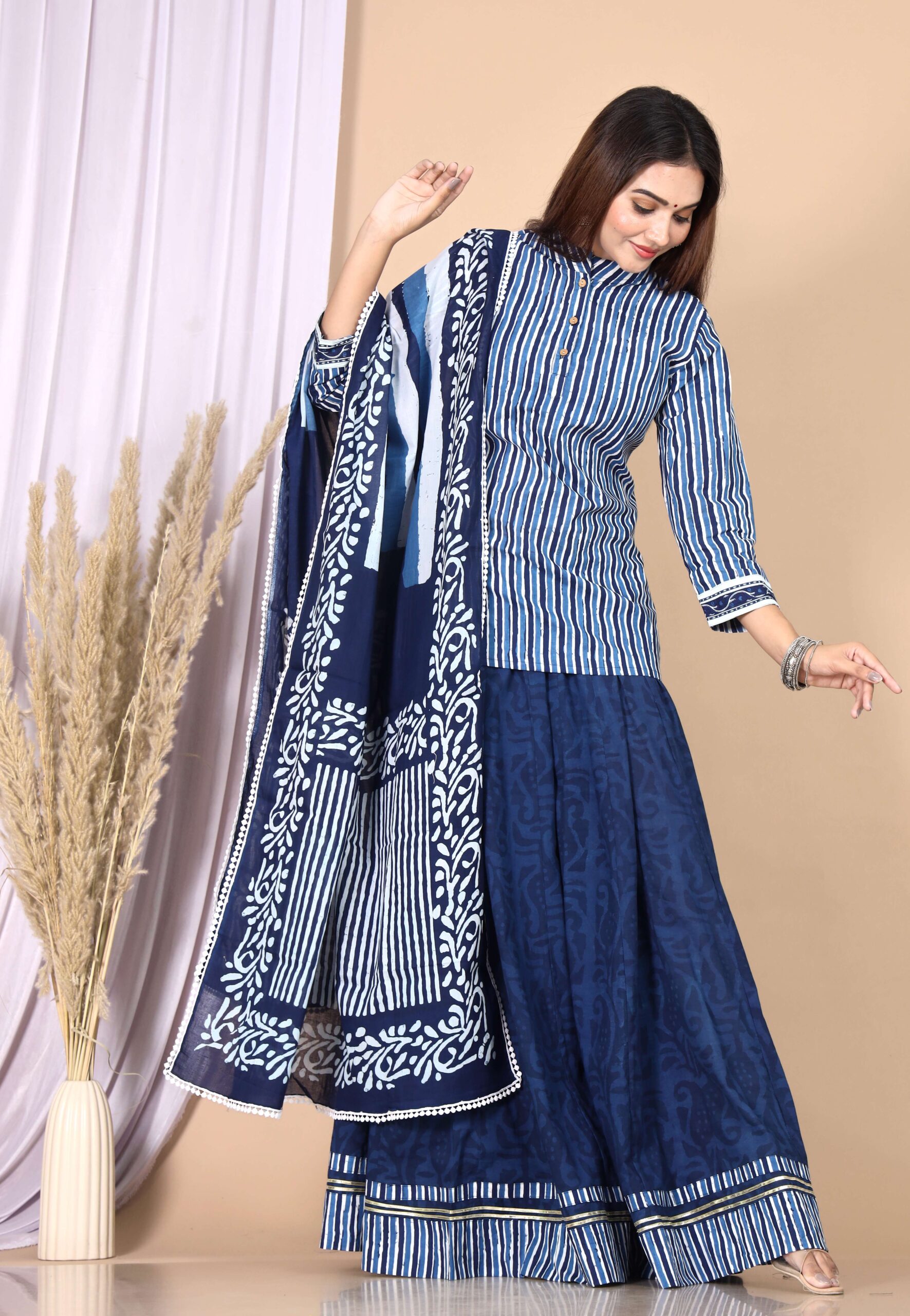 Women’s Blue Cotton Printed Lehenga Choli Dupatta Set - Image 2