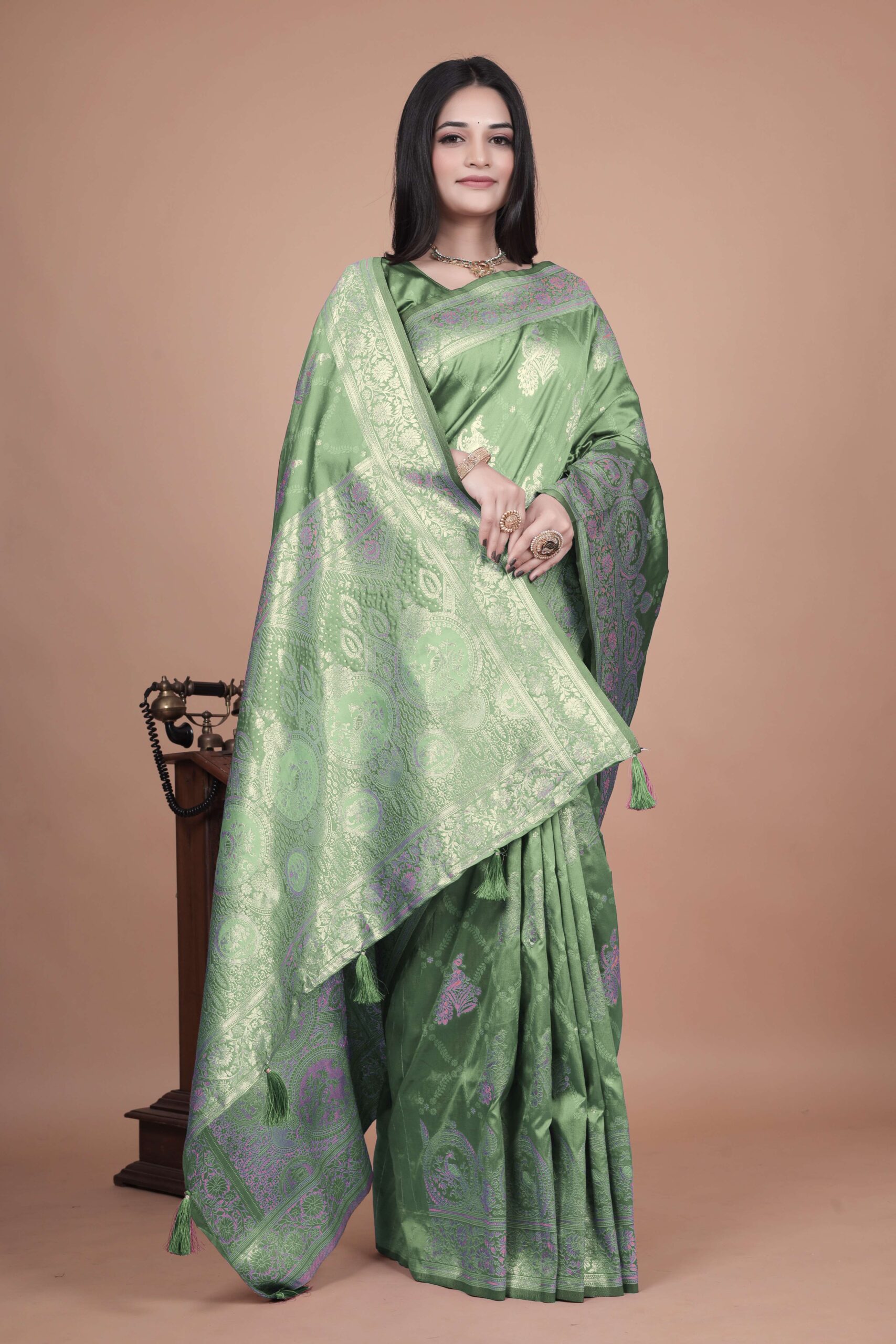 Mint Green Banarasi Silk Saree with Golden Zari | Floral & Ornate Pallu | Wedding, Festive & Traditional Wear - Image 3