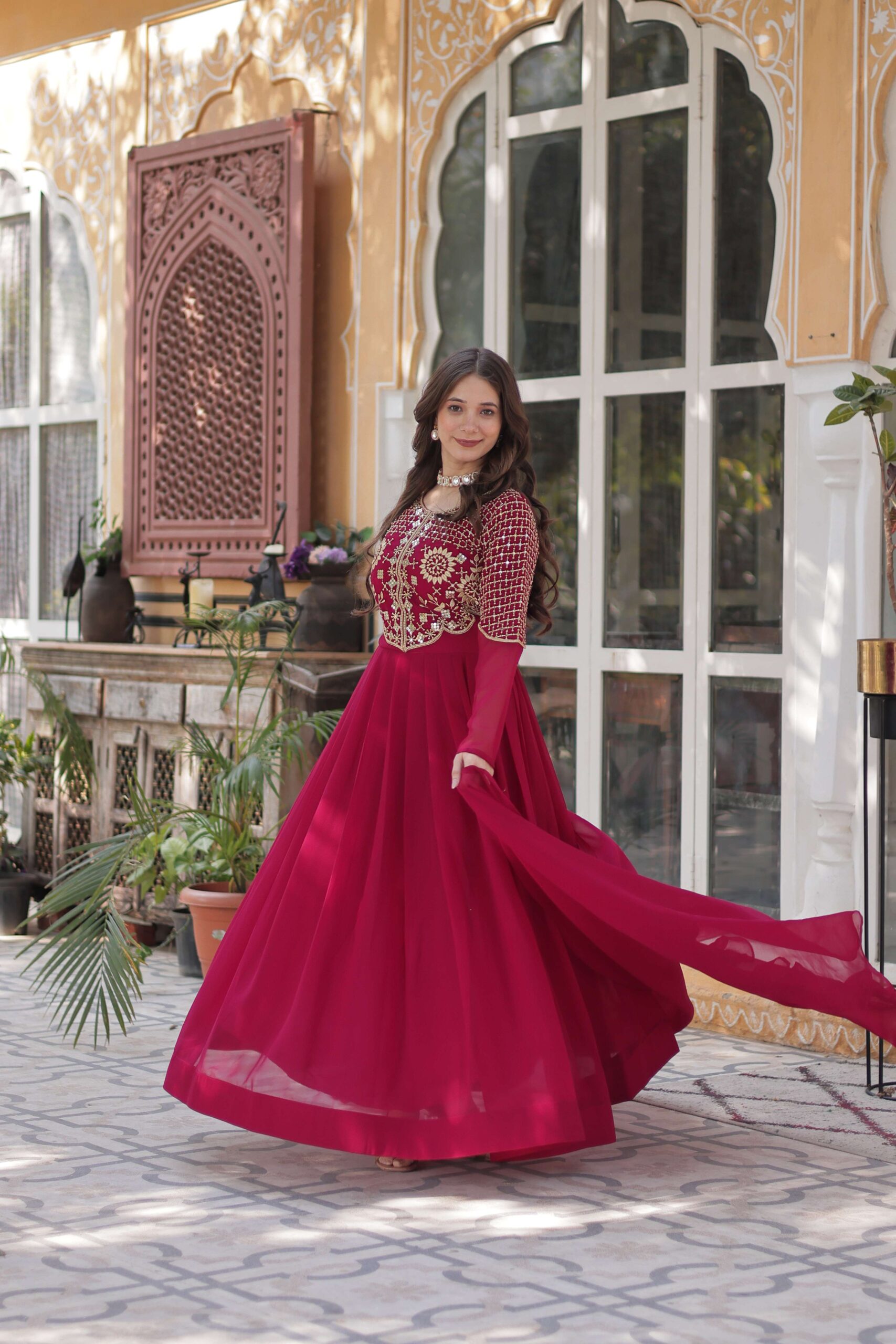 Pink Premium Faux Blooming Georgette Gown with Dupatta ? Designer Readymade Collection