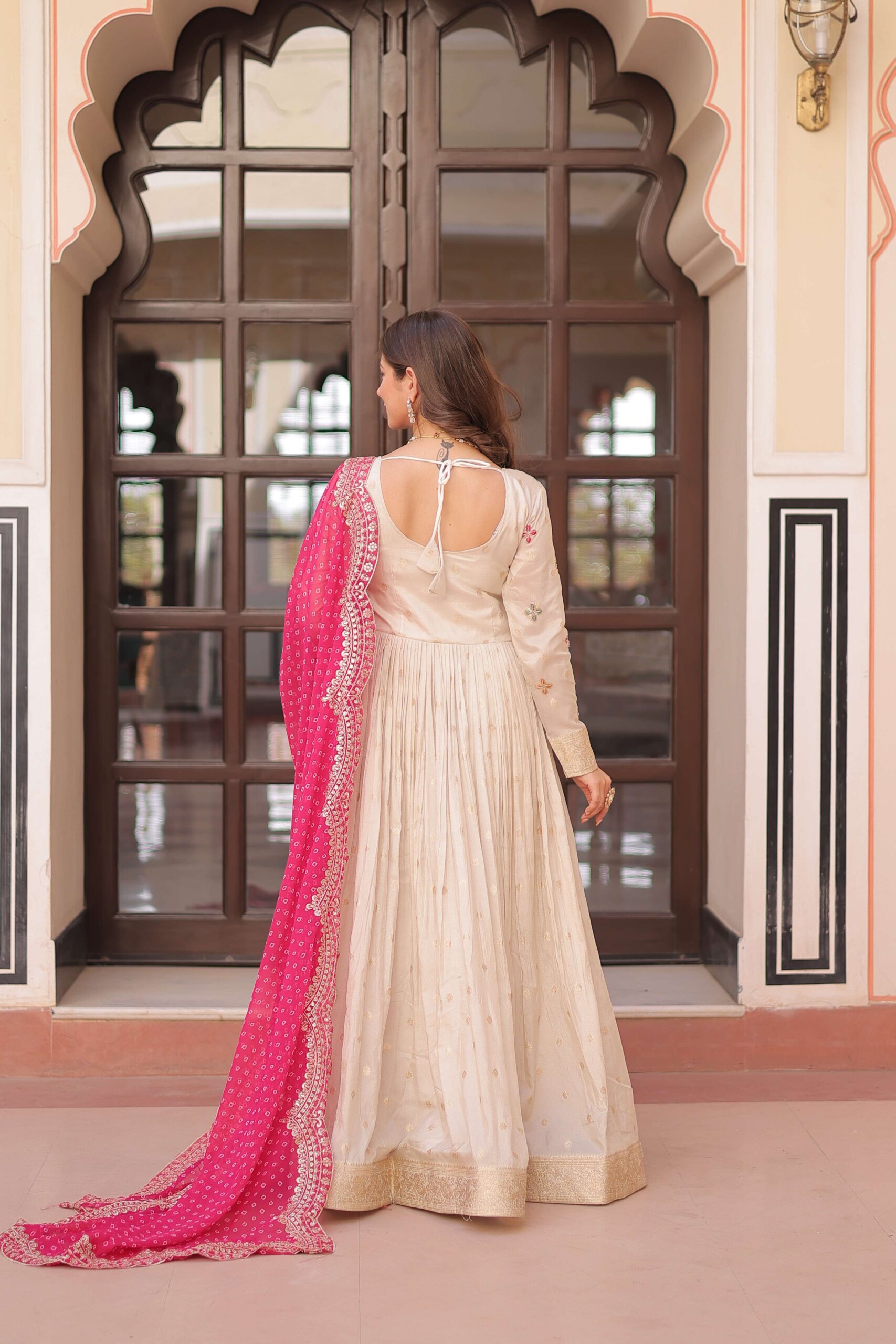 Pink Premium Cosmos Jequard Gown with Bandhani Printed Embroidered Dupatta ? Collection