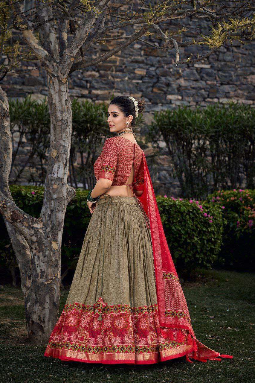 Green Tussar Silk Lehenga Choli with Red Blouse | Floral & Foil Print | Wedding & Festive Wear - Image 2