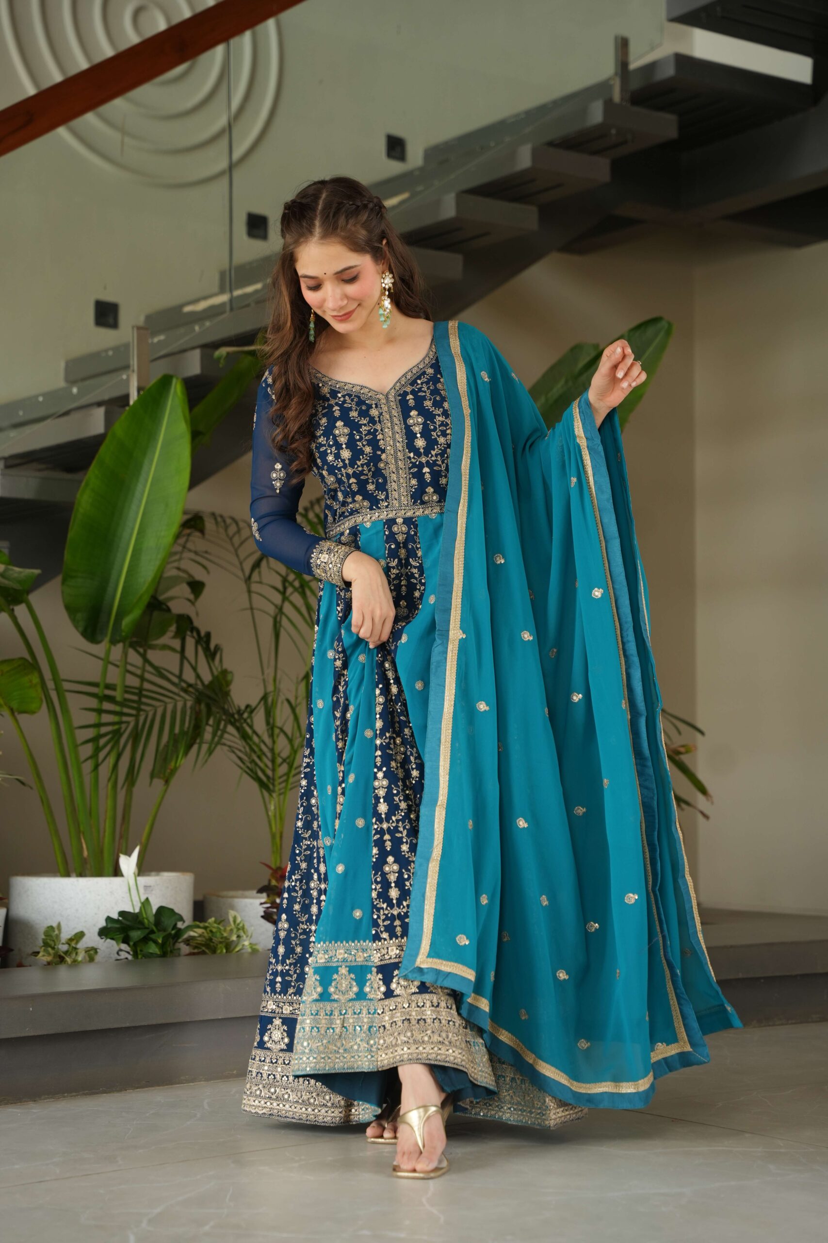 Rama Premium Designer Faux Blooming Gown with Sequins & Zari Embroidered Dupatta ? Collection - Image 4