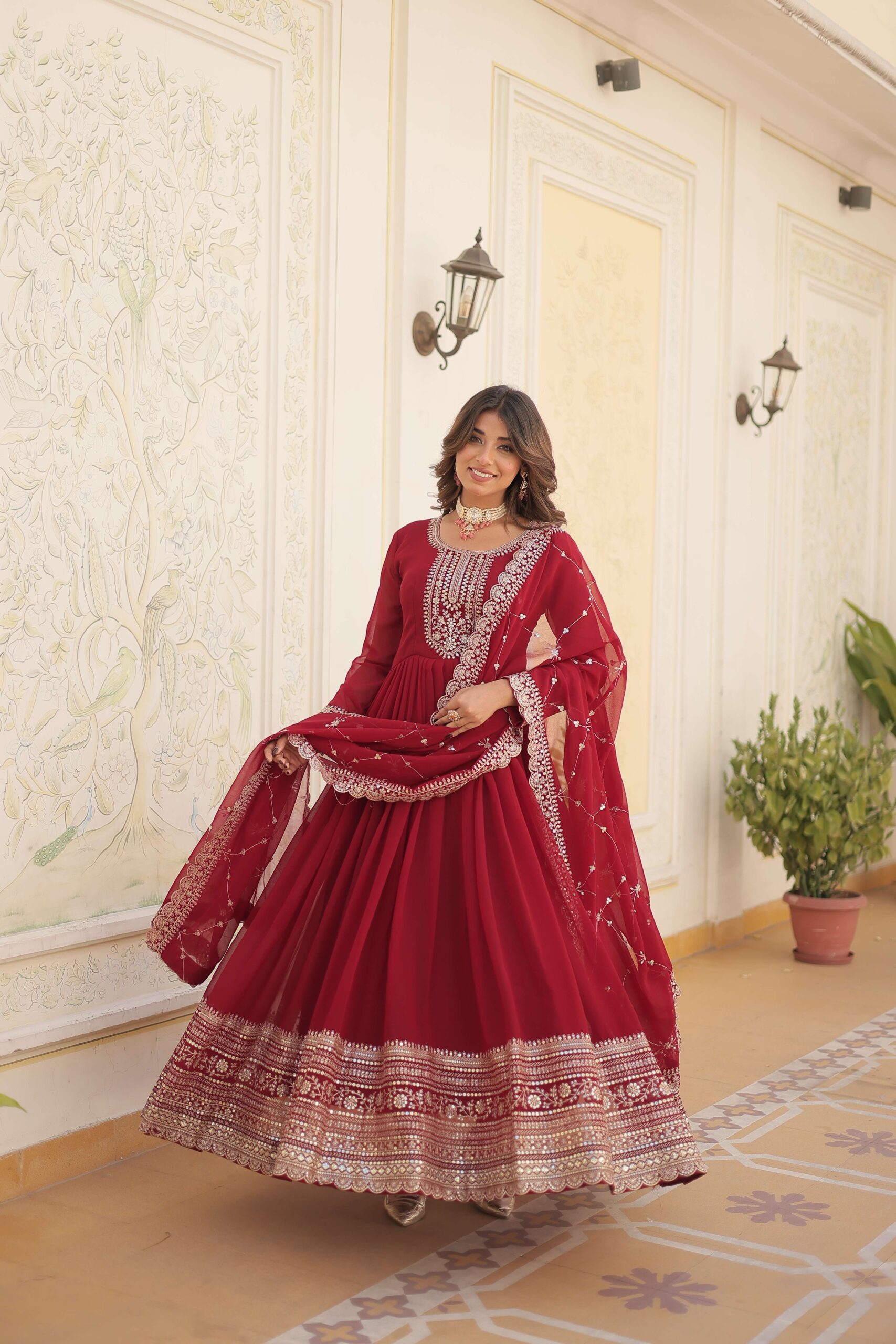 Maroon Faux Blooming Sequins Embroidered Gown with Matching Dupatta ? Festive & Party Wear 2024 - Image 2