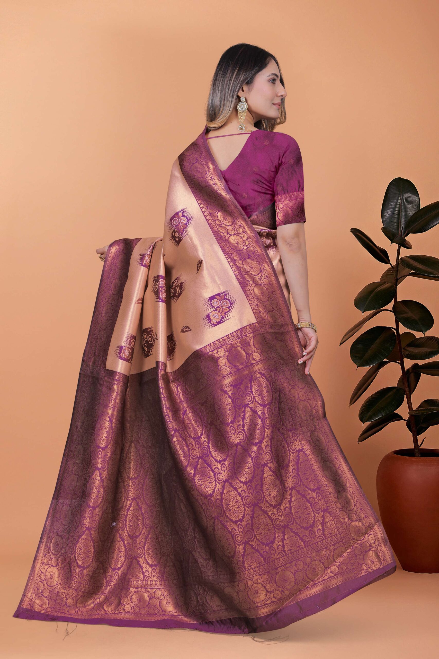 Beige & Plum Banarasi Silk Saree with Zari Weaving | Elegant Traditional Saree for Weddings, Festivals & Ethnic Occasions - Image 6