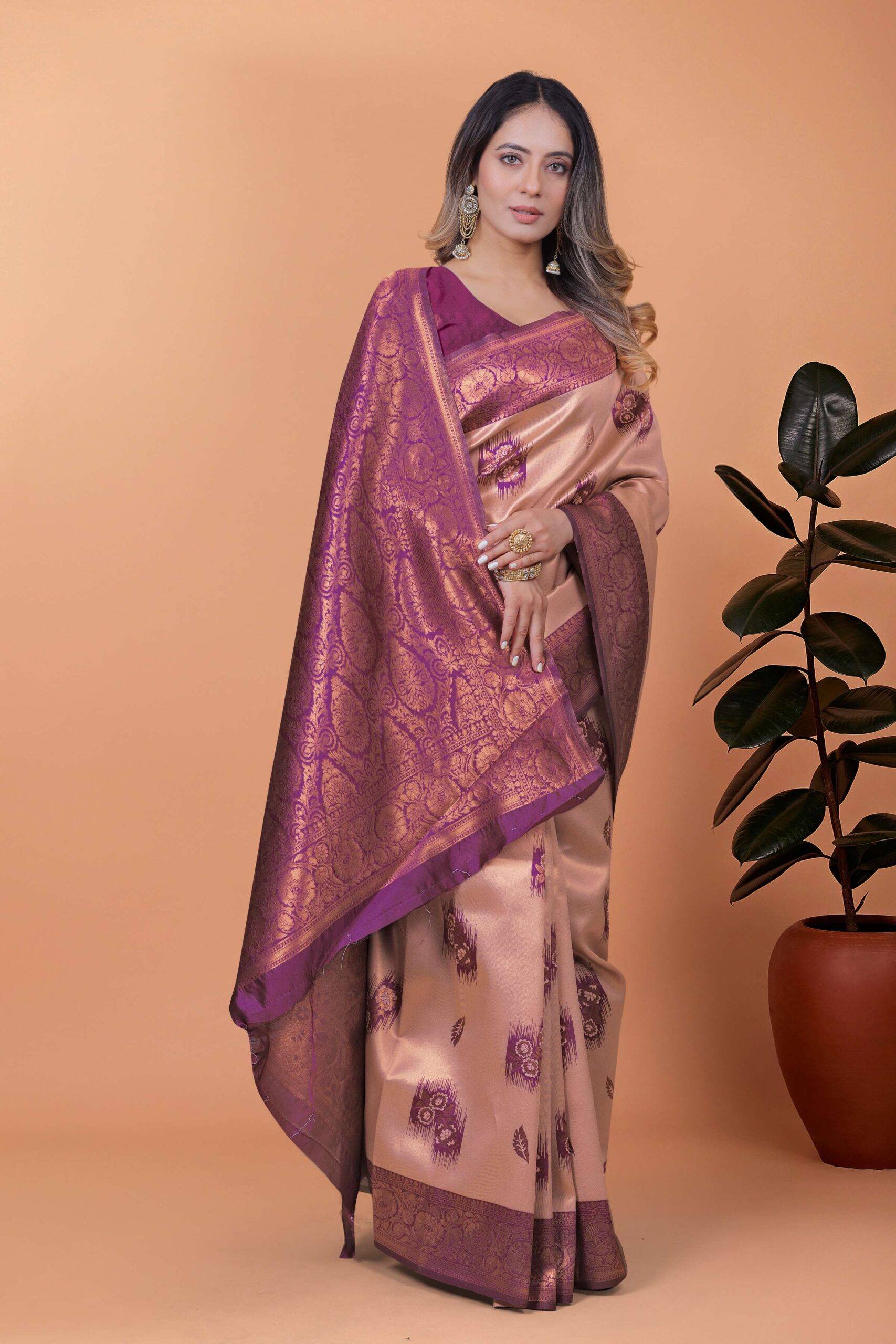 Beige & Plum Banarasi Silk Saree with Zari Weaving | Elegant Traditional Saree for Weddings, Festivals & Ethnic Occasions - Image 4