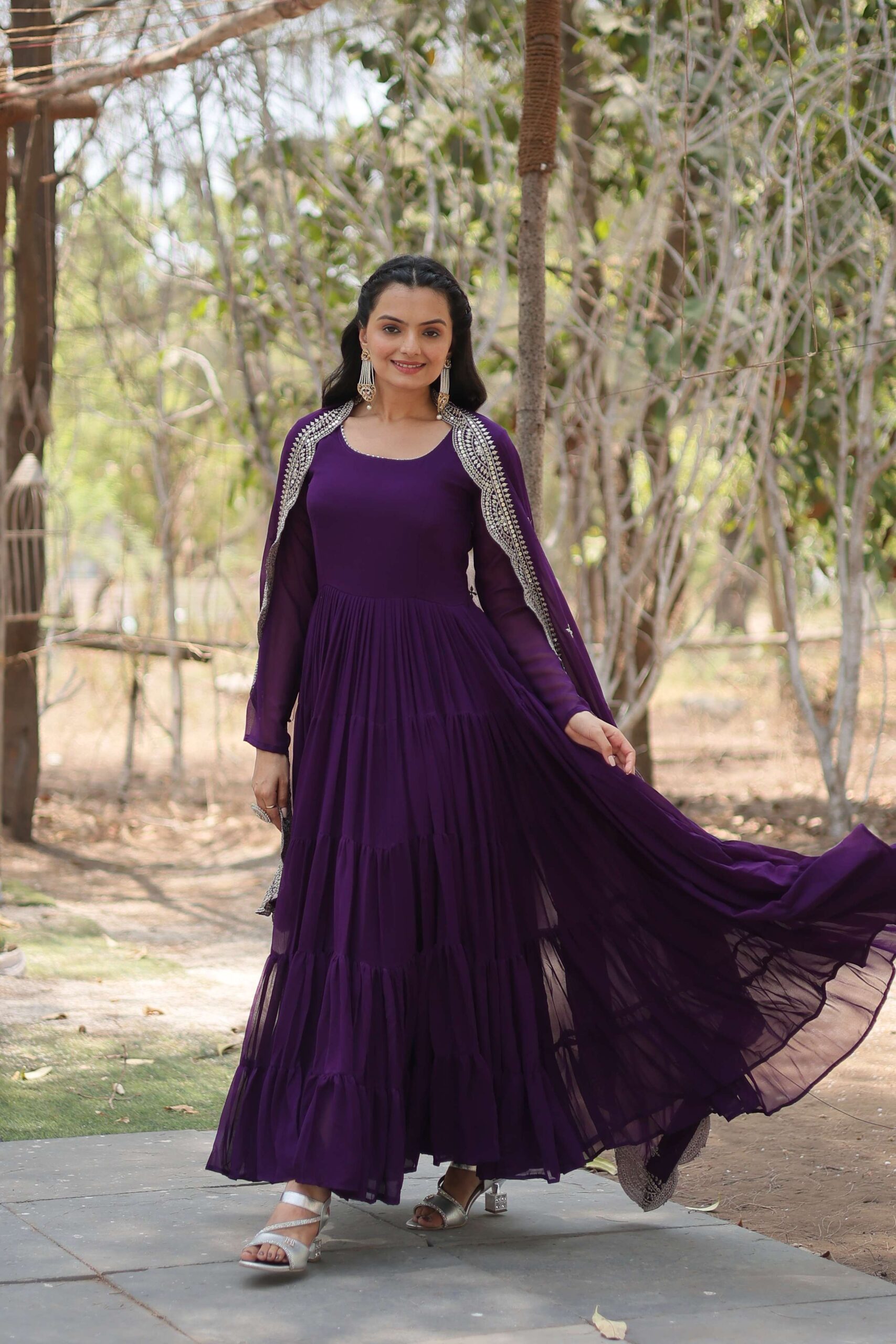 Purple Premium Faux Georgette Designer Gown with Sequined Dupatta ? Fully Flaired Ready-to-Wear Set - Image 5