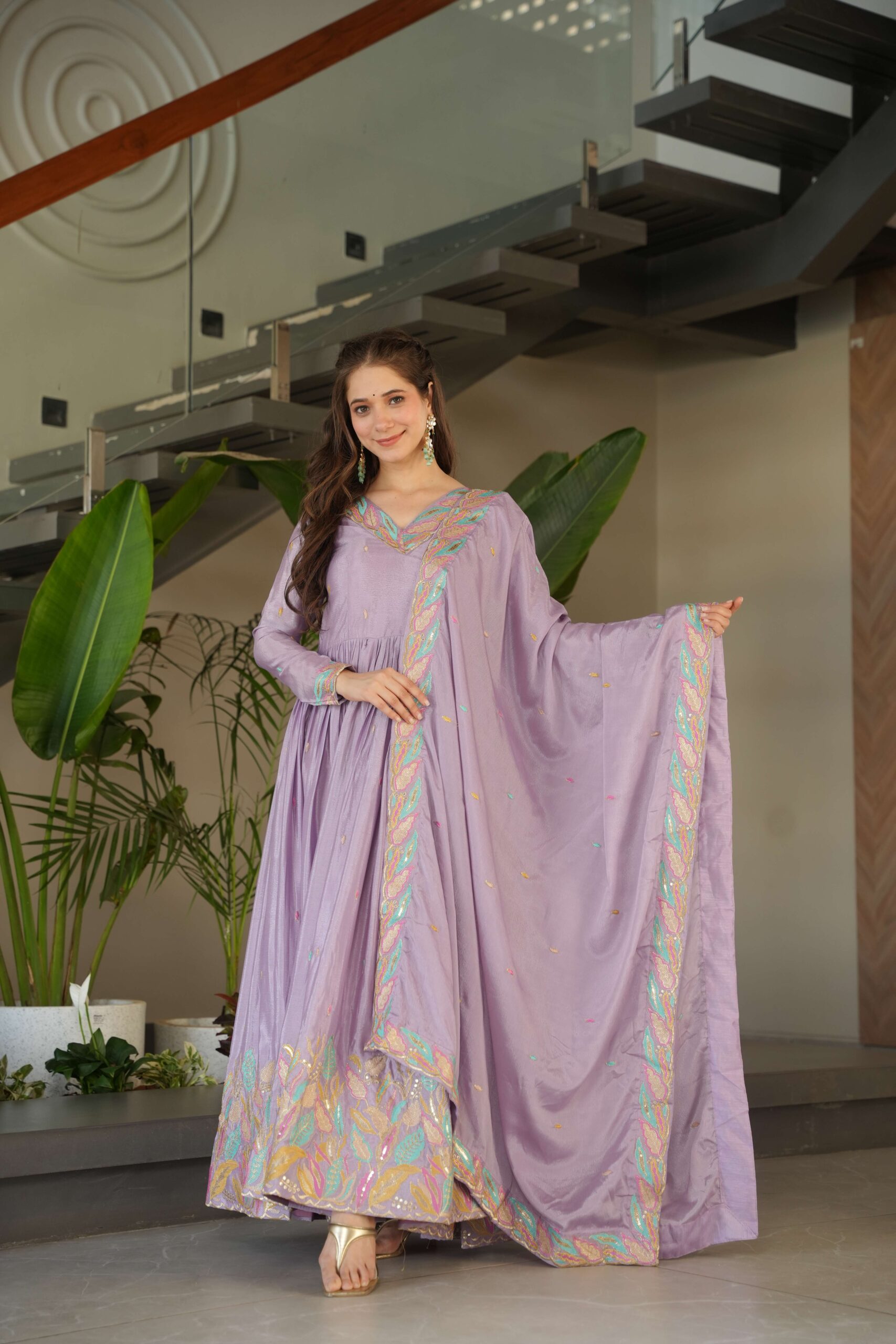 Purple Premium Chinnon Gown with Dupatta ? Sequins & Multi-Thread Embroidered Work - Image 3