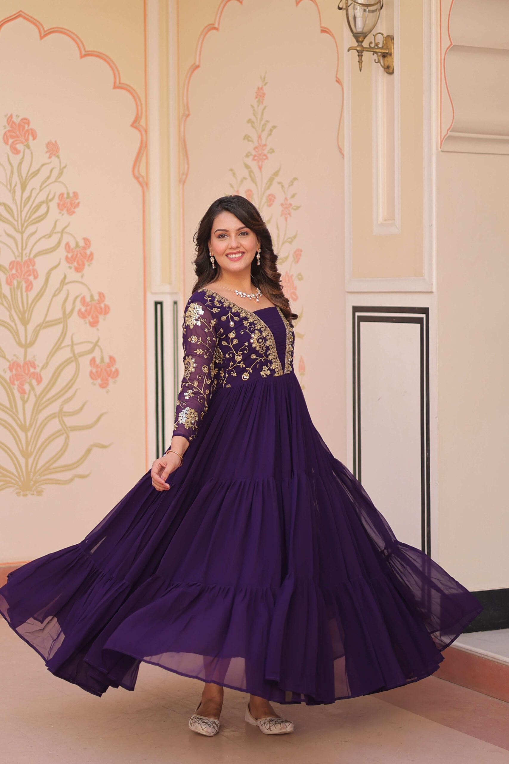 Purple Premium Faux Blooming Sequins & Zari Embroidered Gown ? Partywear