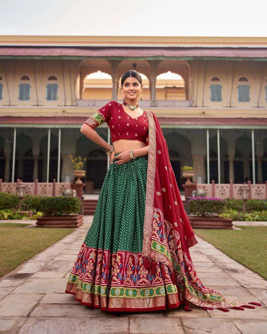 Dark Green Tussar Silk Lehenga Choli with Maroon Blouse | Patola Print & Foil Work | Wedding & Festive Wear