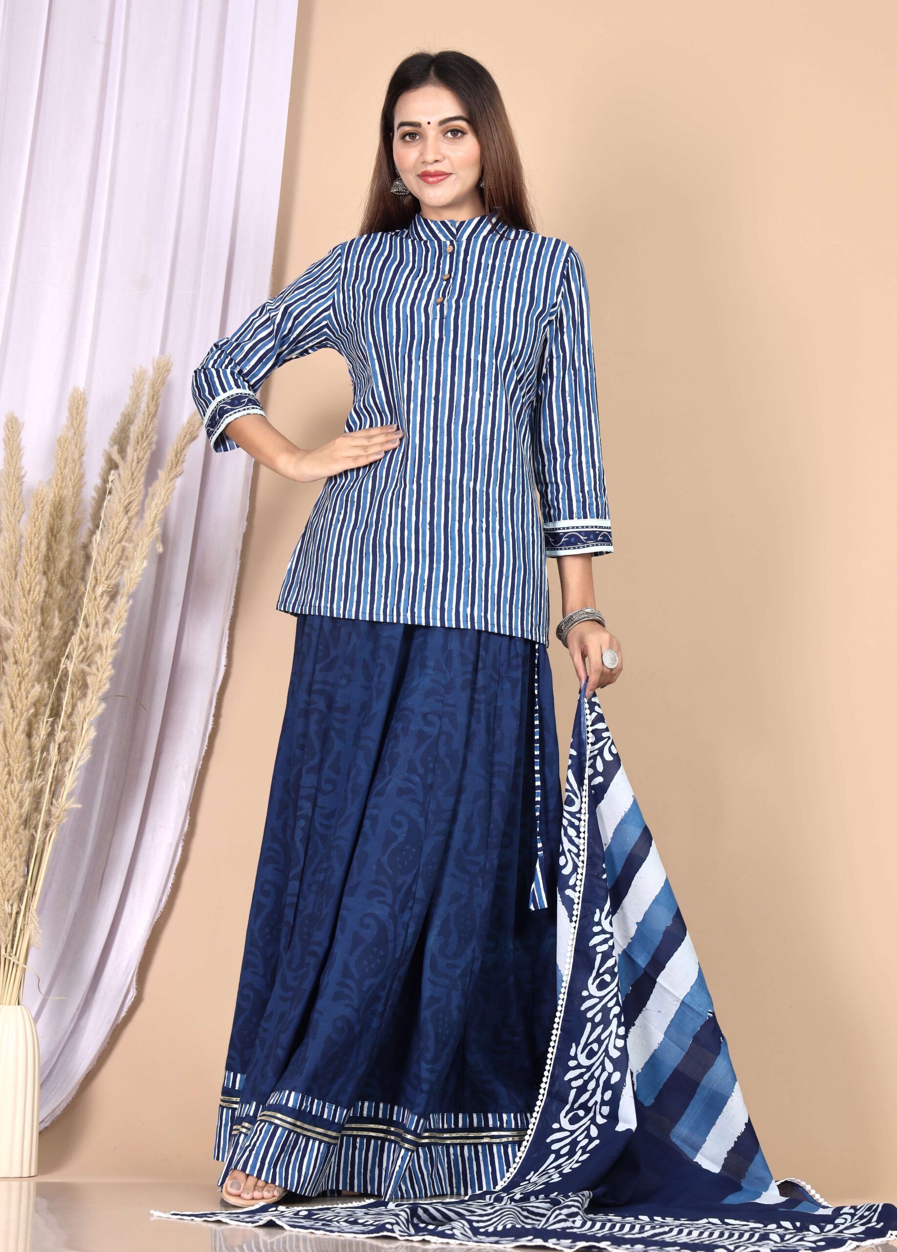 Women’s Blue Cotton Printed Lehenga Choli Dupatta Set - Image 3