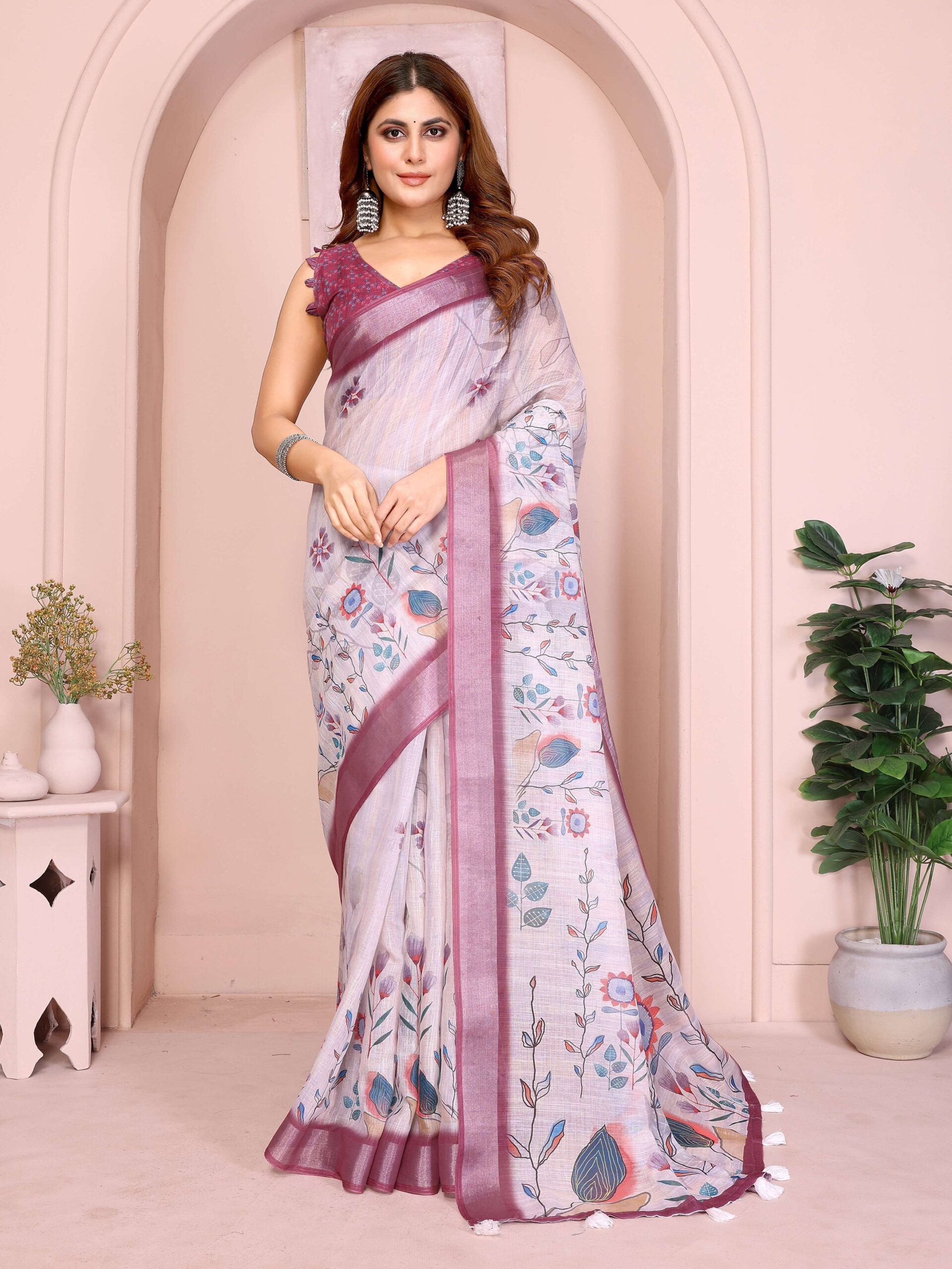 Elegant Linen Cotton Saree ? Pastel Lavender with Multicolor Floral Motifs & Wine-Purple Border