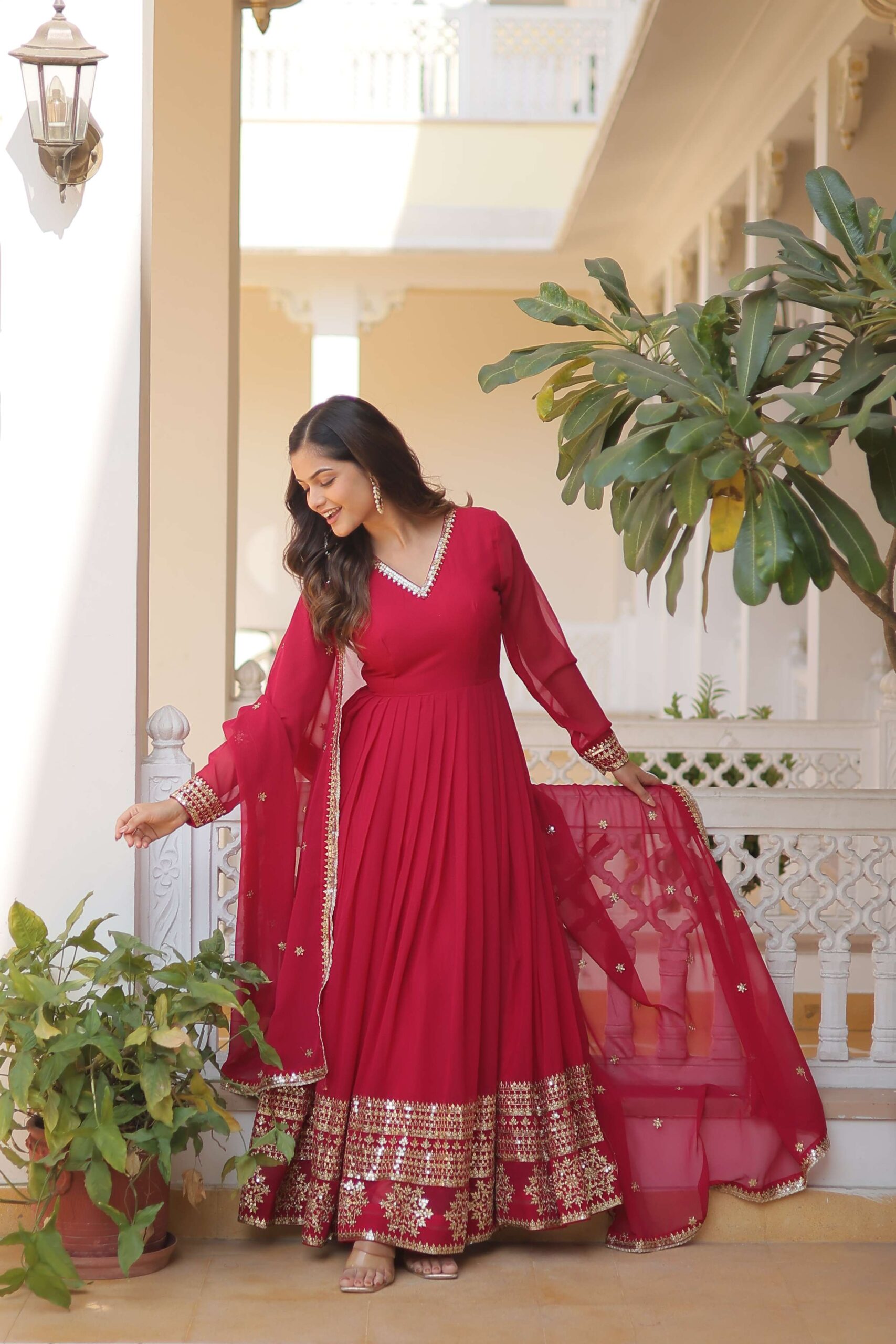 Pink Faux Blooming Gown with Sequined Dupatta ? Elegant Fully Flared Party & Wedding Set
