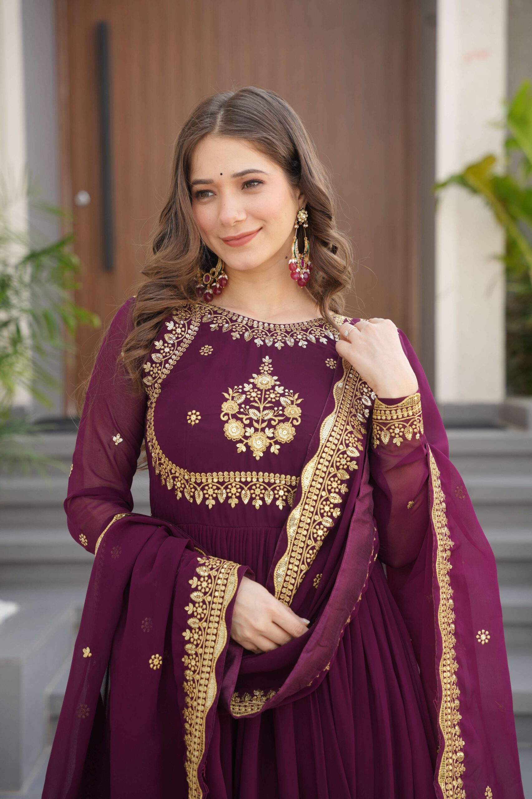 Wine Premium Designer Gown with Dupatta ? Zari & Sequins Embroidery - Image 2
