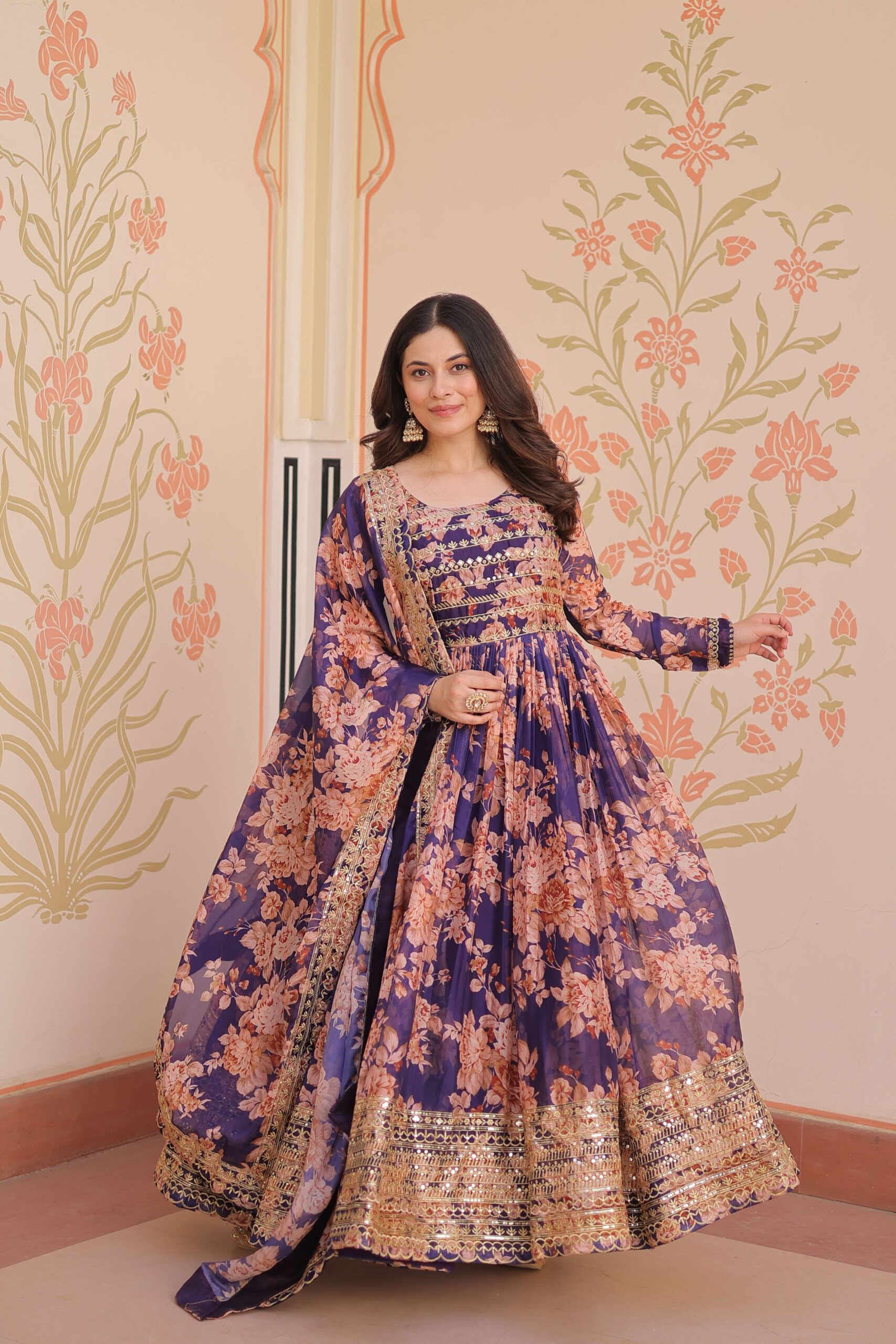 Purple Premium Russian Silk Designer Gown with Sequins Embroidered Dupatta ? Partywear - Image 3