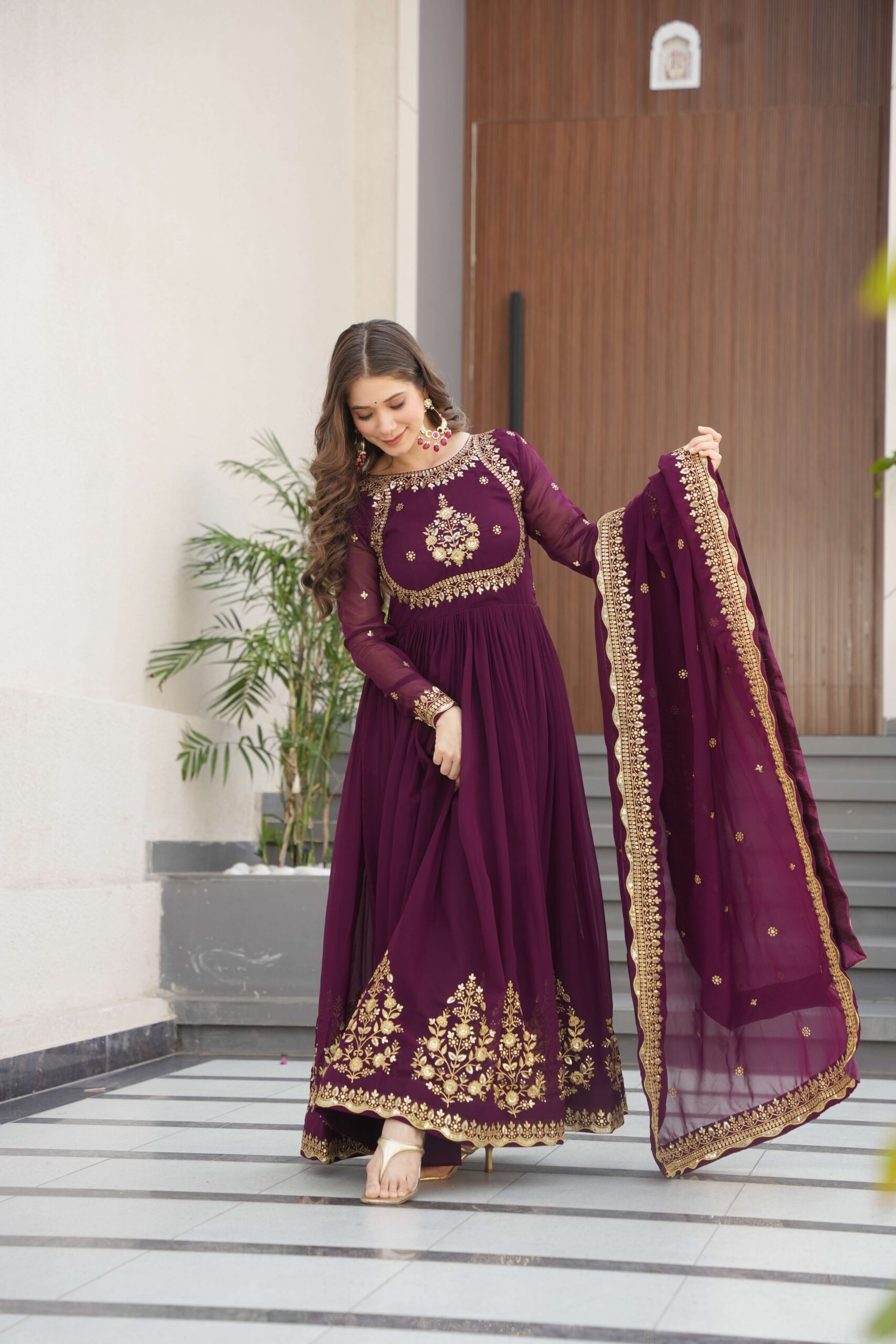 Wine Premium Designer Gown with Dupatta ? Zari & Sequins Embroidery - Image 6
