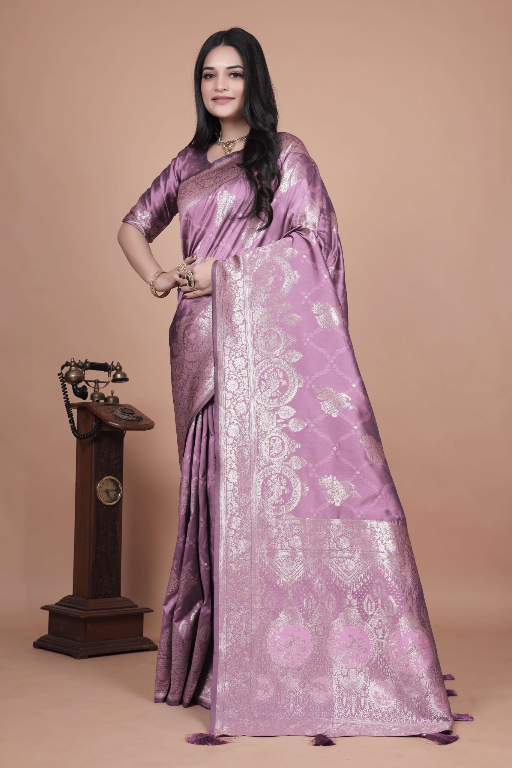 Lavender Banarasi Silk Saree with Silver Zari | Floral & Paisley Motifs | Wedding, Festive & Traditional Wear - Image 3