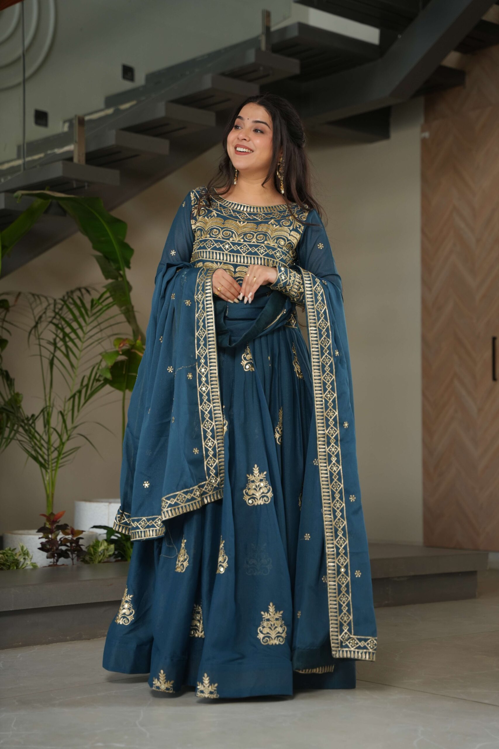 Rama Premium Chinnon Gown with Dupatta ? Sequins & Embroidery Work