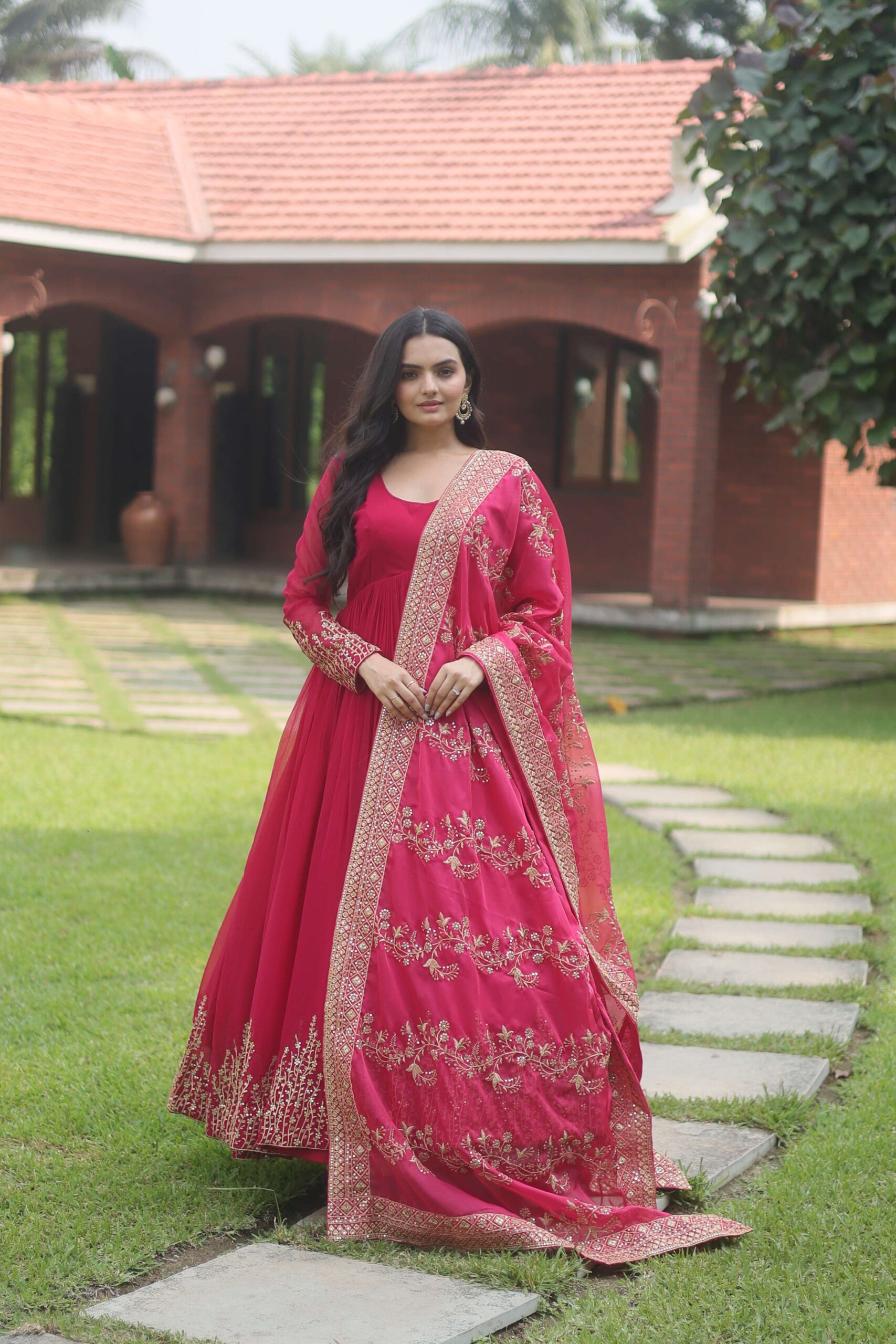 Pink Faux Blooming Designer Gown with Sequined Dupatta ? Elegant Fully Flared Party & Wedding Set - Image 2