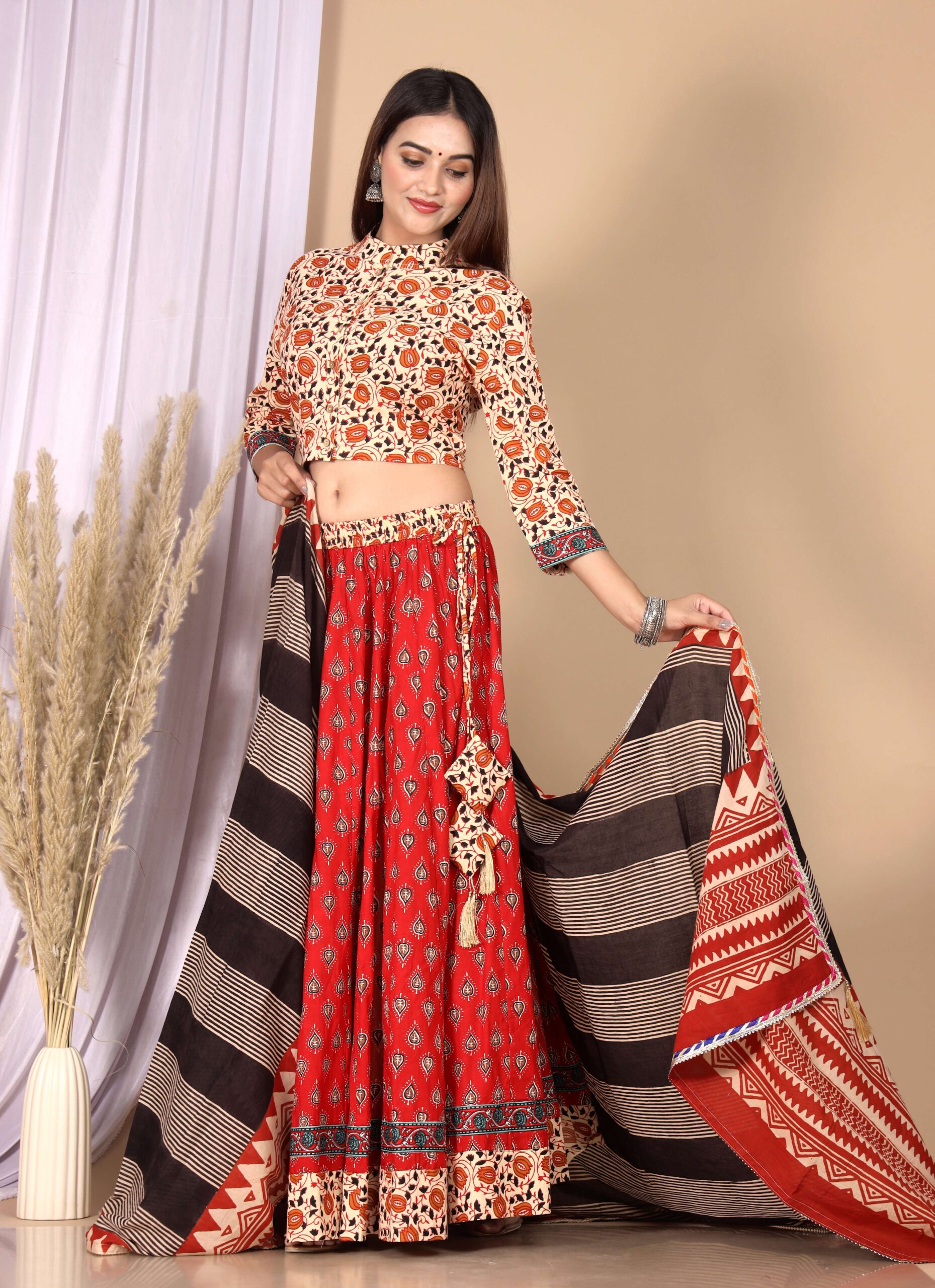 Women’s Red Cotton Printed Lehenga Choli Dupatta Set - Image 3
