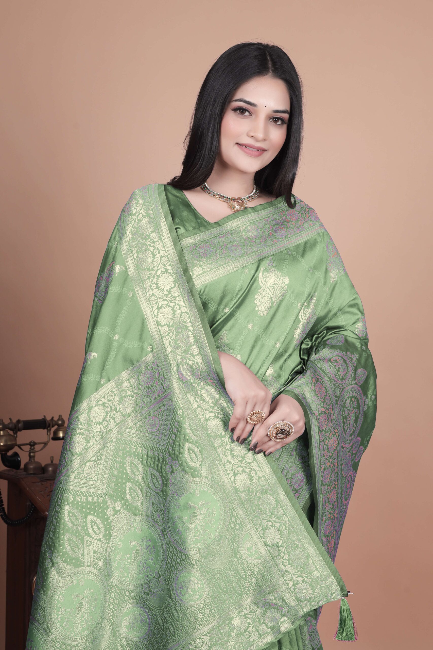 Mint Green Banarasi Silk Saree with Golden Zari | Floral & Ornate Pallu | Wedding, Festive & Traditional Wear - Image 5