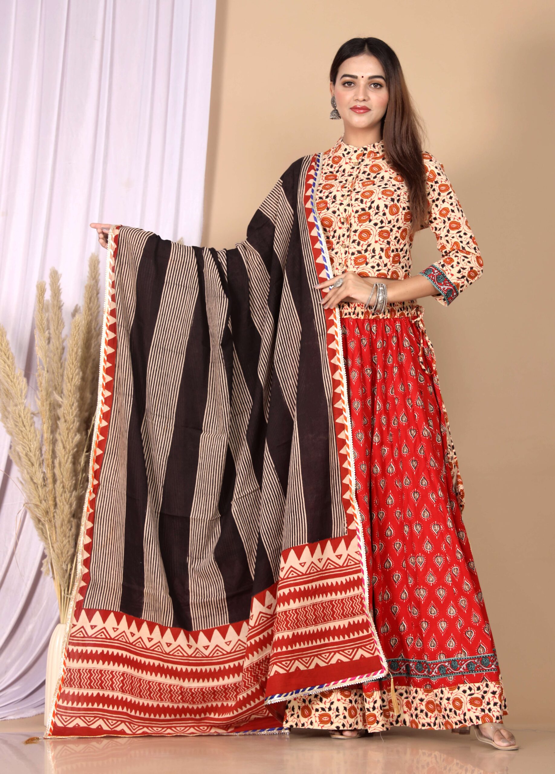 Women’s Red Cotton Printed Lehenga Choli Dupatta Set