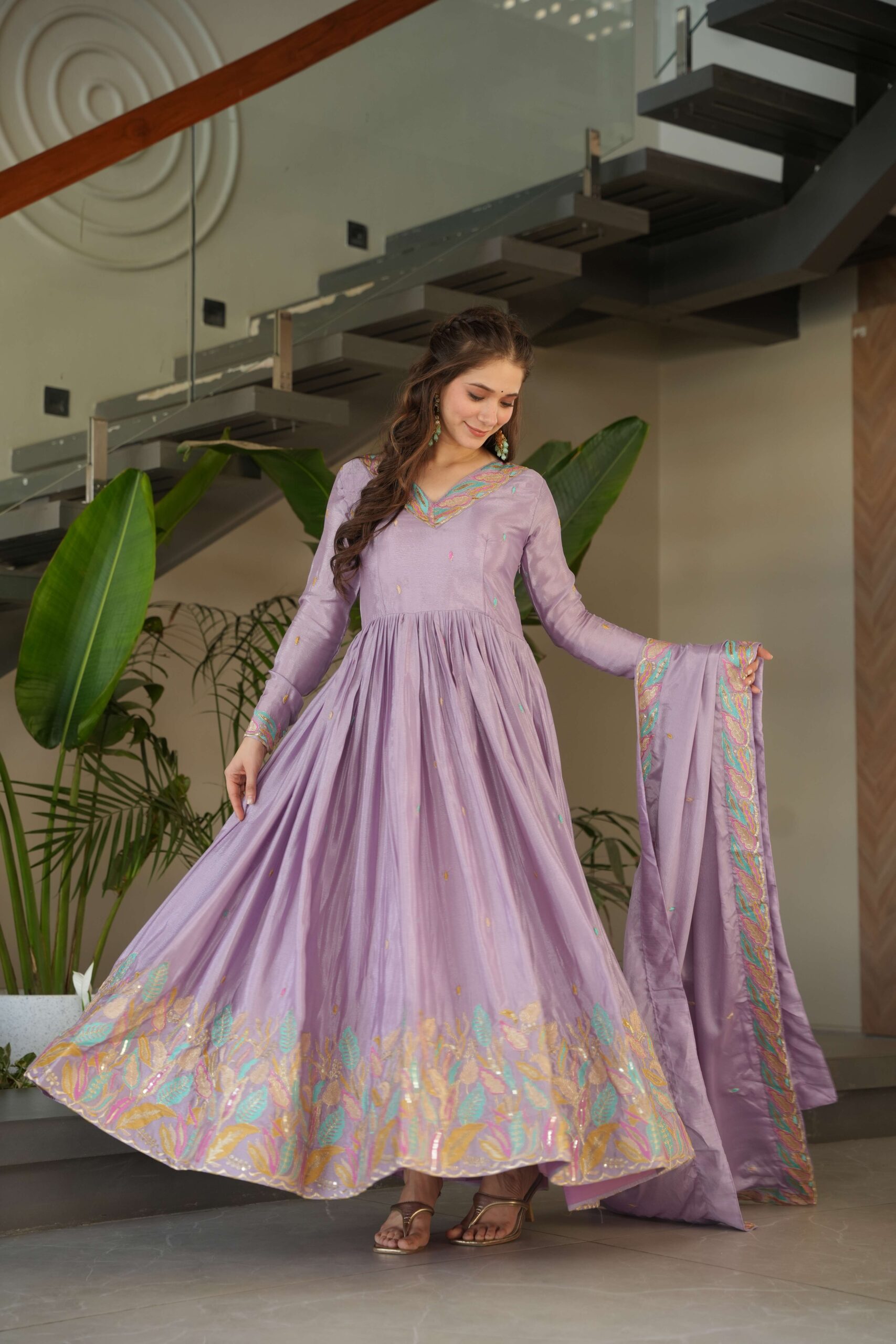 Purple Premium Chinnon Gown with Dupatta ? Sequins & Multi-Thread Embroidered Work - Image 6